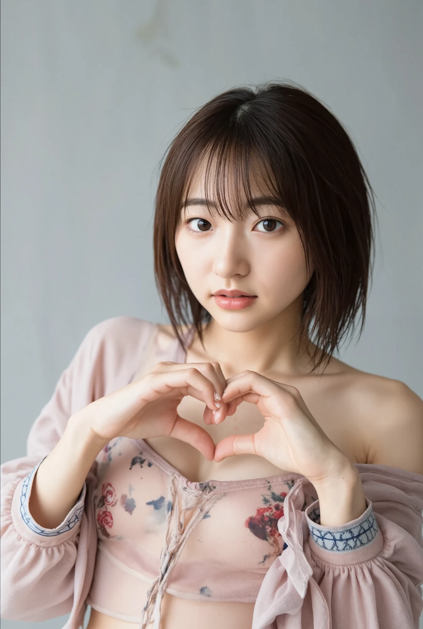 Only one woman with a cute smile is in a pose wearing off-shoulder pajamas, making a firm big heart shape with both hands, and holding them in front of her chest, View above collarbone、The background is a monotone 

