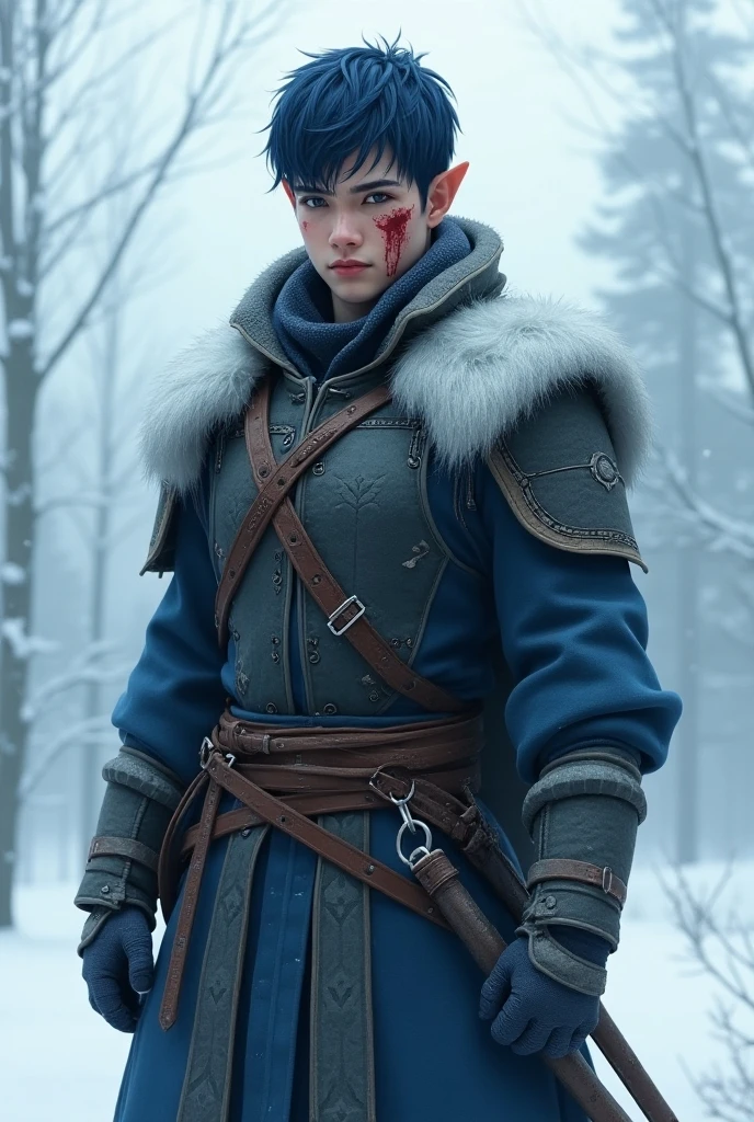 Elf Work Men Elf men in his 25s, dark blue hair, light brue skin, winter armor ...