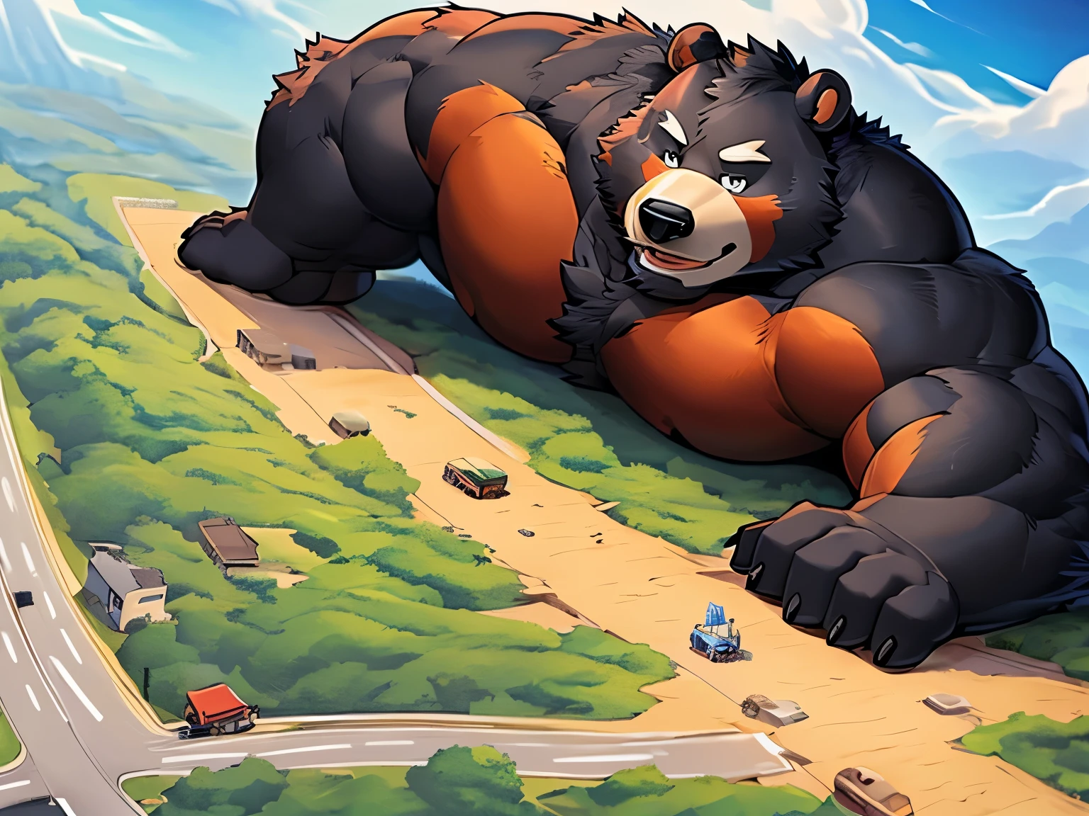 Two bears stehen mitten auf der Straße, anthropomorphic samurai bear , Moon bear Samurai , Rob Rey and Kentarõ Miura , Ross Tran und Michael Whelan, official concept art , Rob Rey and Kentarõ Miura style, black bear fighter , rob rey and Kentaro Miura style , Edgar Maxence and Ross Tran, Two bears (Massiv:3.0, ( heavyweight ,stark,Macro, Emphasize )), background(( Building , Raise little speech , the crack in the road )),