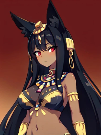 Masterpiece, best quality, expressive eyes, perfect face, 1girl, solo, animal ears, long hair, red eyes, egyptian, dark skin, egyptian, Desert Background, upper body, navel, 