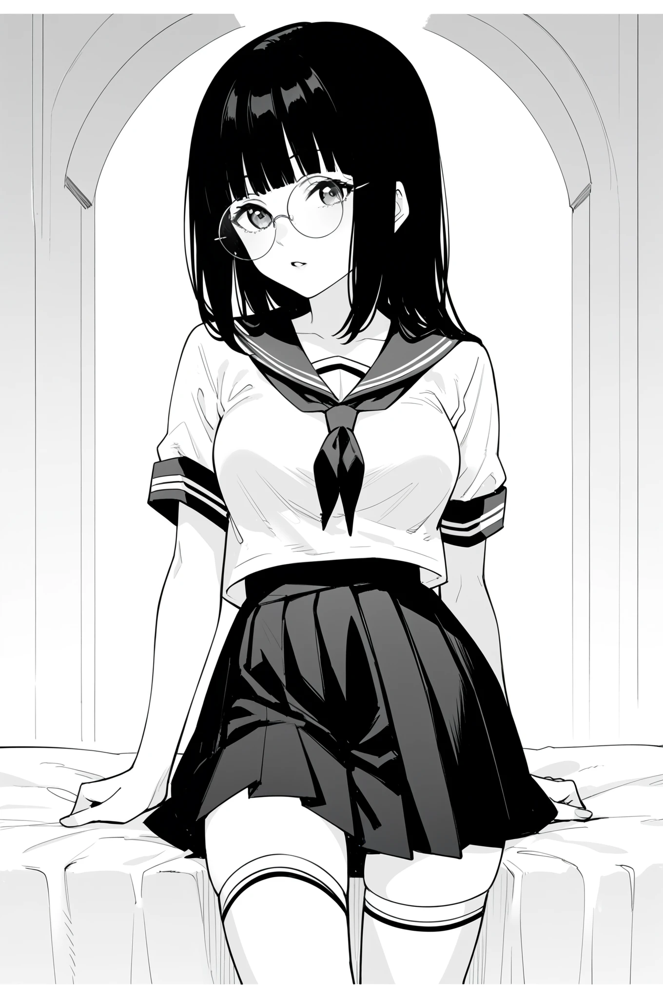 score_9, score_8_up, score_7_up, score_6_up, score_5_up, fujimotomangastyle,
solo, 1girl, black hair, hime cut, medium hair, serafuku, thighhighs, skirt, round eyewear, cleavage, medium breasts, monochrome, turned head, looking at viewer, parted lips,