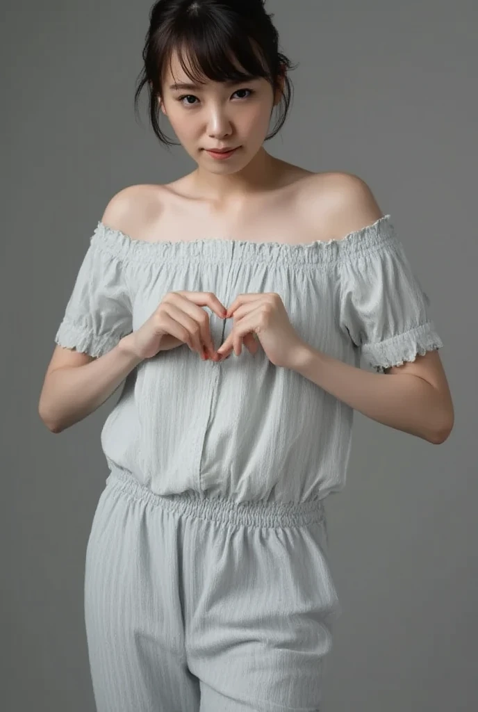 Only one woman with a cute smile is in a pose wearing off-shoulder pajamas, making a firm big heart shape with both hands, and holding them in front of her chest, View above collarbone、The background is a monotone 

