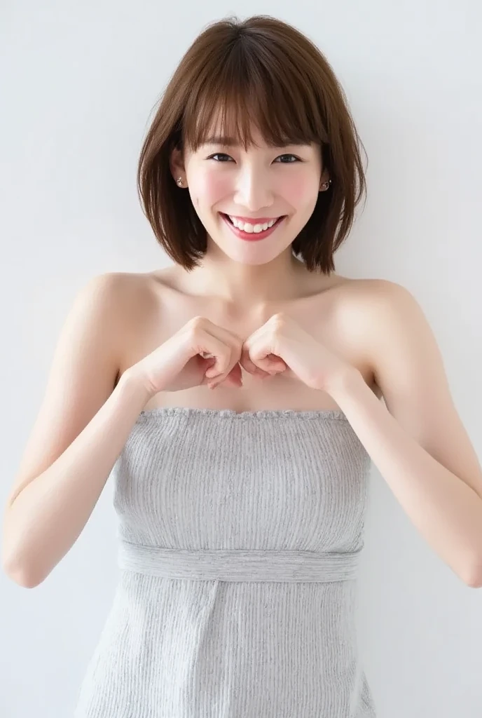 Only one woman with a cute smile is in a pose wearing off-shoulder pajamas, making a firm big heart shape with both hands, and holding them in front of her chest, View above collarbone、The background is a monotone 

