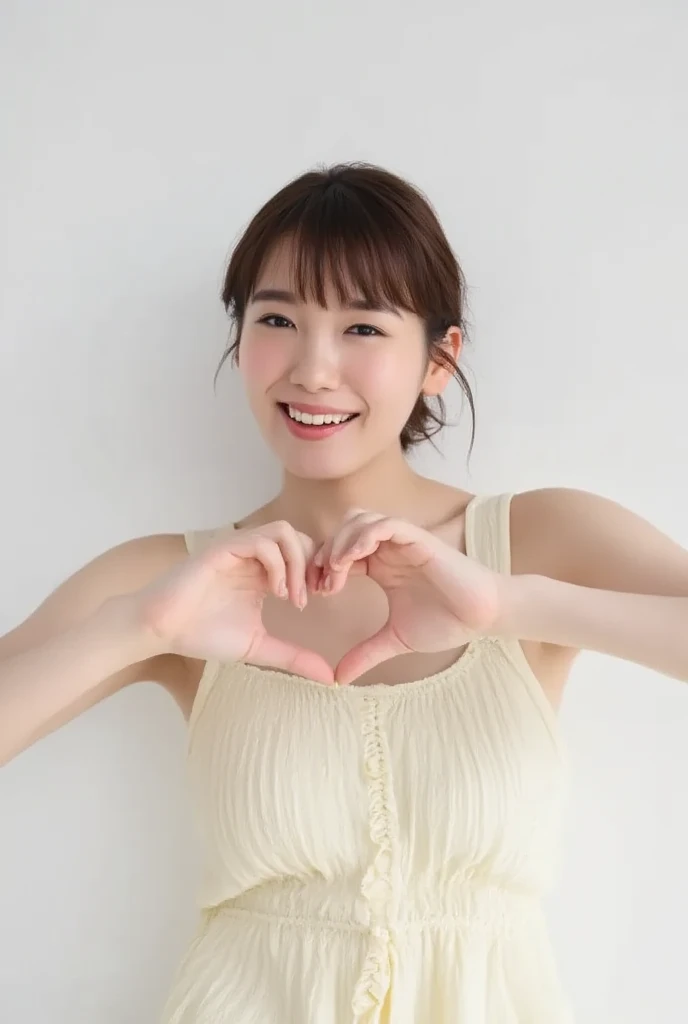 Only one woman with a cute smile is in a pose wearing off-shoulder pajamas, making a firm big heart shape with both hands, and holding them in front of her chest, View above collarbone、The background is a monotone 

