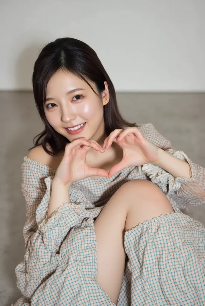 Only one woman with a cute smile is in a pose wearing off-shoulder pajamas, making a firm big heart shape with both hands, and holding them in front of her chest, View above collarbone、The background is a monotone 

