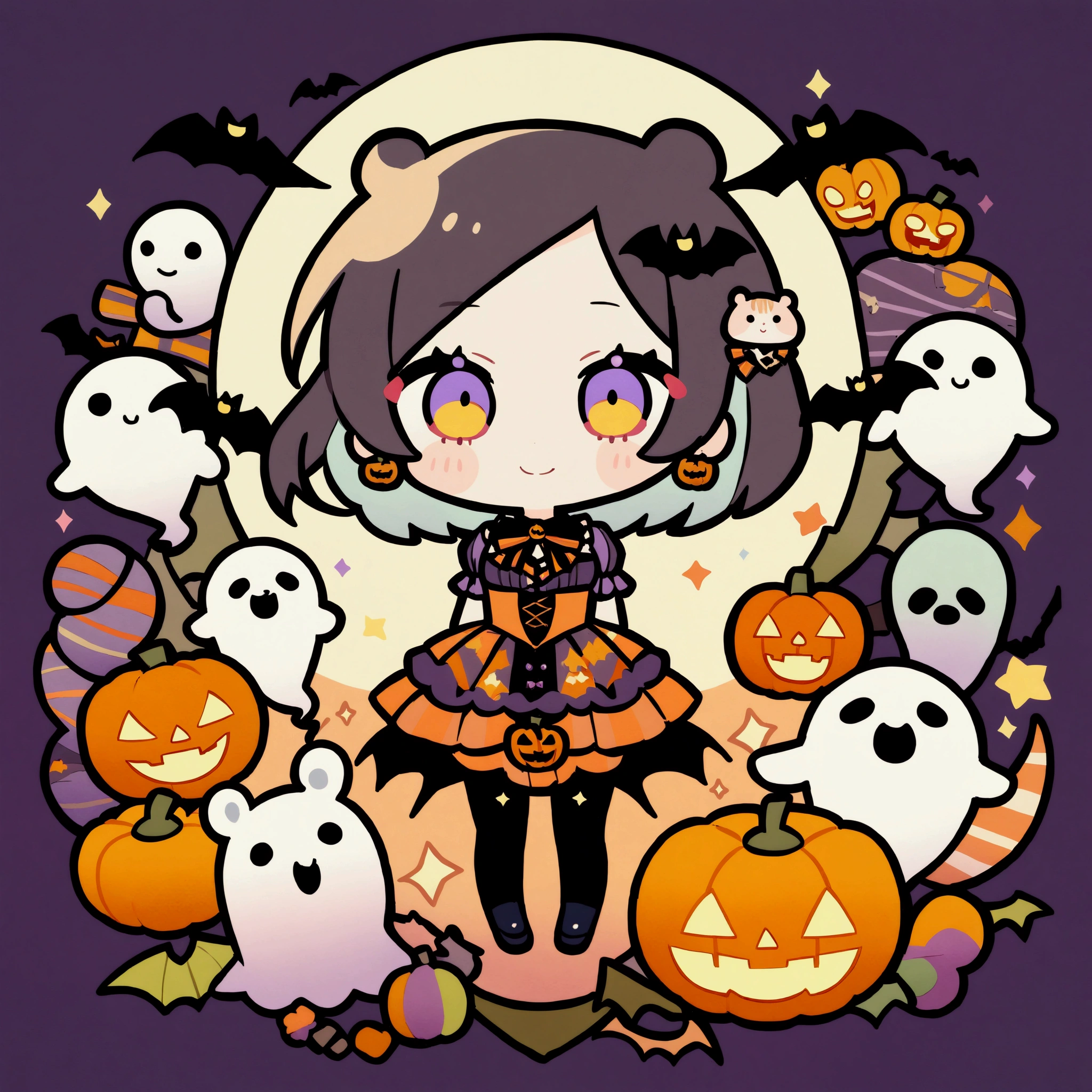 handicraft artwork,patchwork,cloth,button,Felt fabric,Embroidery thread,Handicrafts with a warm and gentle atmosphere,(Halloween,A girl dressed up as a hamster smiles,Chibi, full body, pumpkin,ghost silhouette,Bats),A dream-like sight,rustic colors,intricate details,artwork,Three-dimensional