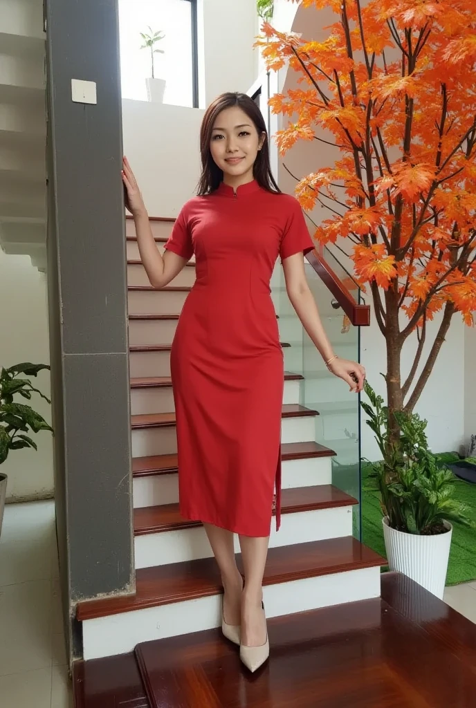 (masterpiece, best quality:1.2), cauthang, A beautiful girl, standing on the stairs taking a photo, her eyes looking at the camera. She is wearing a bright red Romanian ao dai, one hand is touching a red leaf tree, her feet are wearing cute flat shoes. Light makeup.