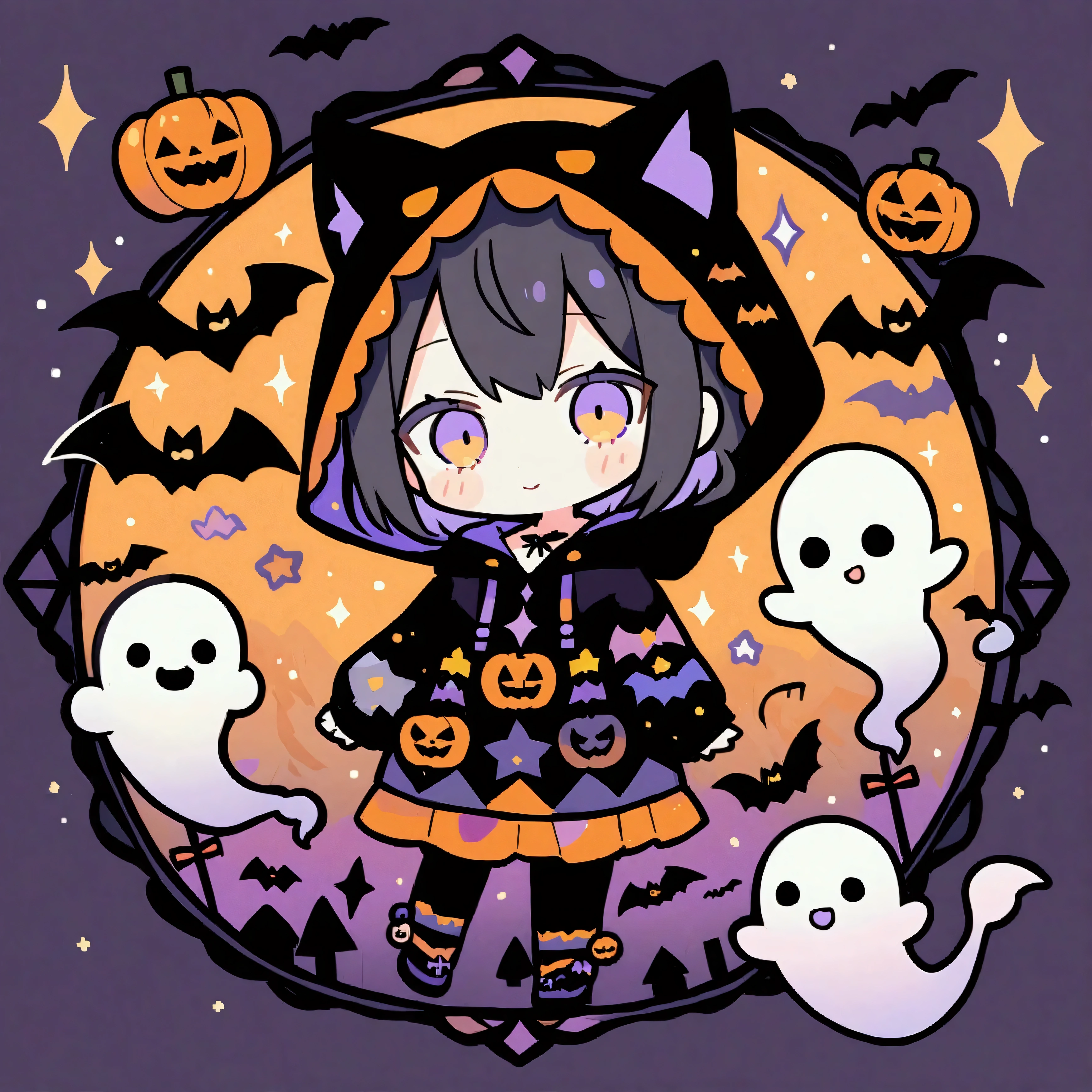 handicraft artwork,patchwork,cloth,button,Felt fabric,Embroidery thread,Handicrafts with a warm and gentle atmosphere,(Halloween,A girl wearing a hooded hoodie with black cat ears smiles,Chibi, full body, pumpkin,ghost silhouette,Bats),A dream-like sight,rustic colors,intricate details,artwork,Three-dimensional