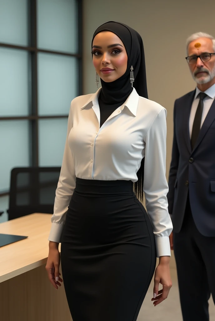 best quality 32k HDR,masterpiece,48 Years Old beautiful woman,office girl,naked upper body, pencil skirt, wearing hijab, silky long stockings, gropes breast by hand , sitting, huge cleavage, realistic photo, highlight, real light, depth of field, work of masters photographer, small smile, wearing wedding ring
