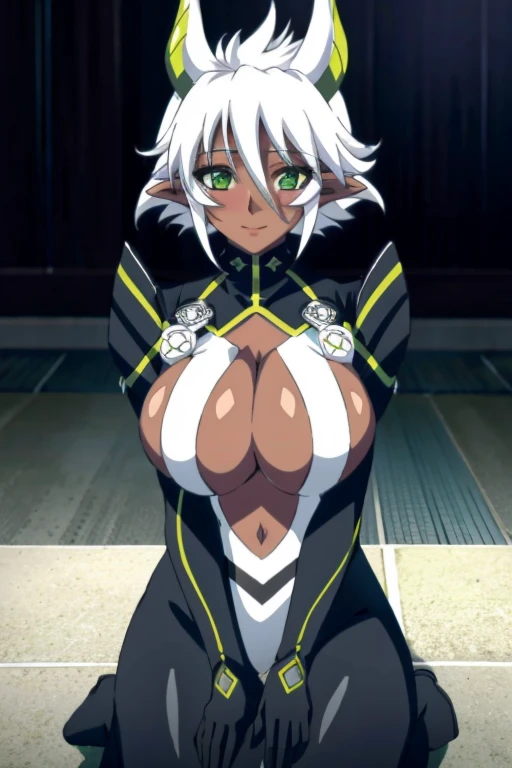 ultra-detailed), masterpiece,solo, large breasts, zest1, green eyes, mechanical horns, worried look, smile, pointy ears, white hair, short hair, dark-skinned female, blush stickers, bodysuit, shrug \(clothing\), center opening, white leotard, black arms leotard, innerboob, navel, black gloves, green trim, turtleneck, pauldrons, black heel boots, sexy pose, from underneath her butt