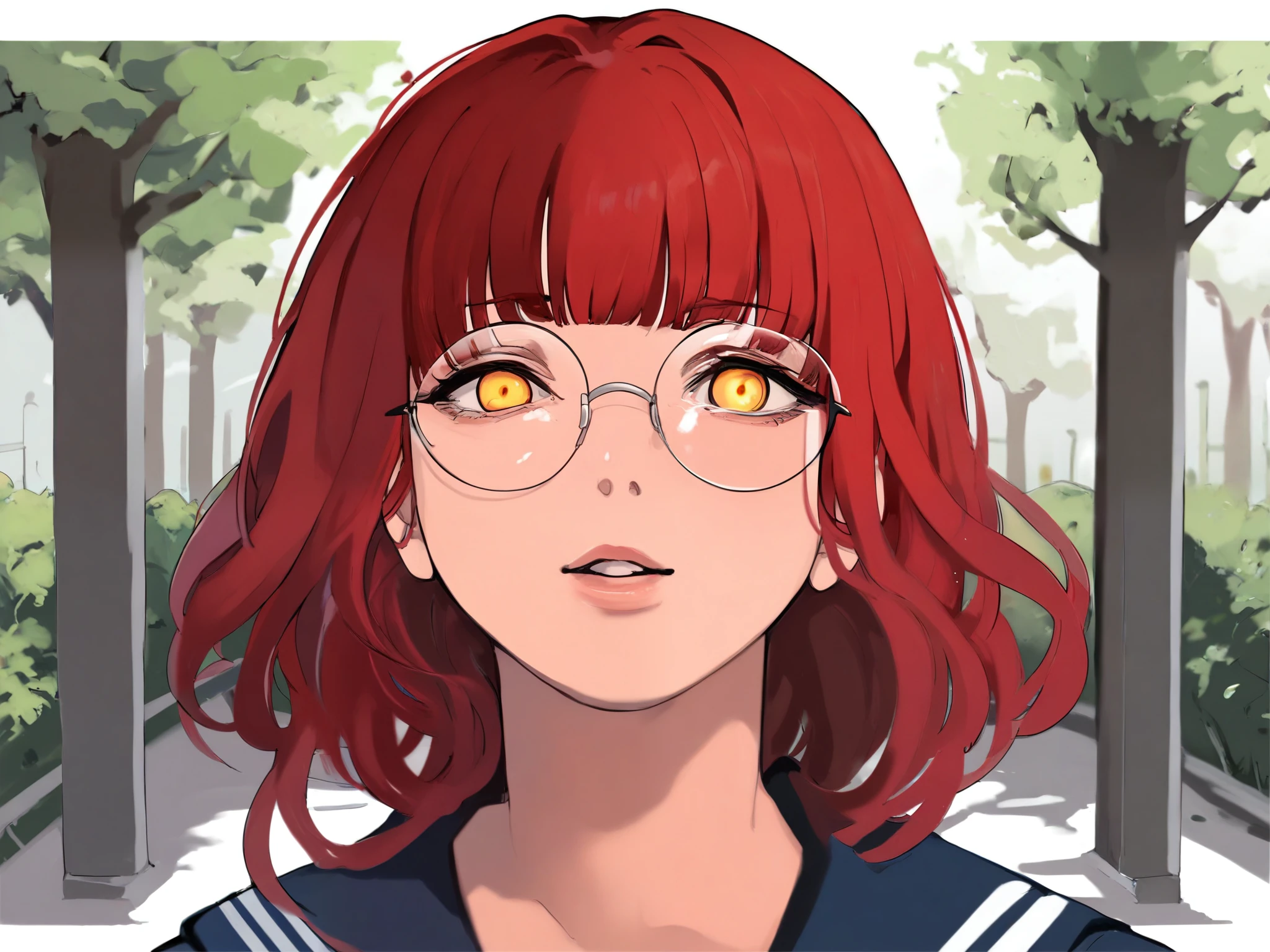 score_9, score_8_up, score_7_up, score_6_up, score_5_up, park background, 
solo, 1girl, red hair, hime cut, medium hair, serafuku, round eyewear, yellow eyes, flat breasts, painterly, turned head, close up, face focus, looking at viewer, parted lips, glowing eyes, flowing hair