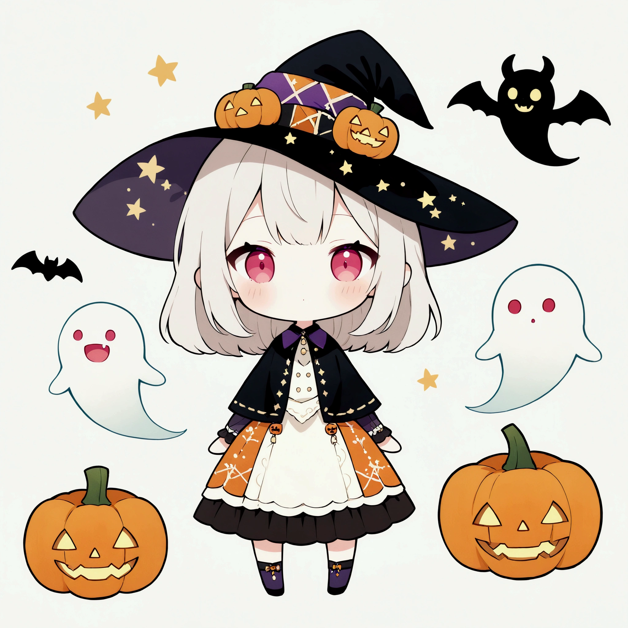 handicraft artwork,patchwork,cloth,button,Felt fabric,Embroidery thread,Handicrafts with a warm and gentle atmosphere,(Halloween,A girl dressed as a witch smiles,fun,Chibi, full body, pumpkin,ghost silhouette,Bats),A dream-like sight,rustic colors,intricate details,artwork,Three-dimensional