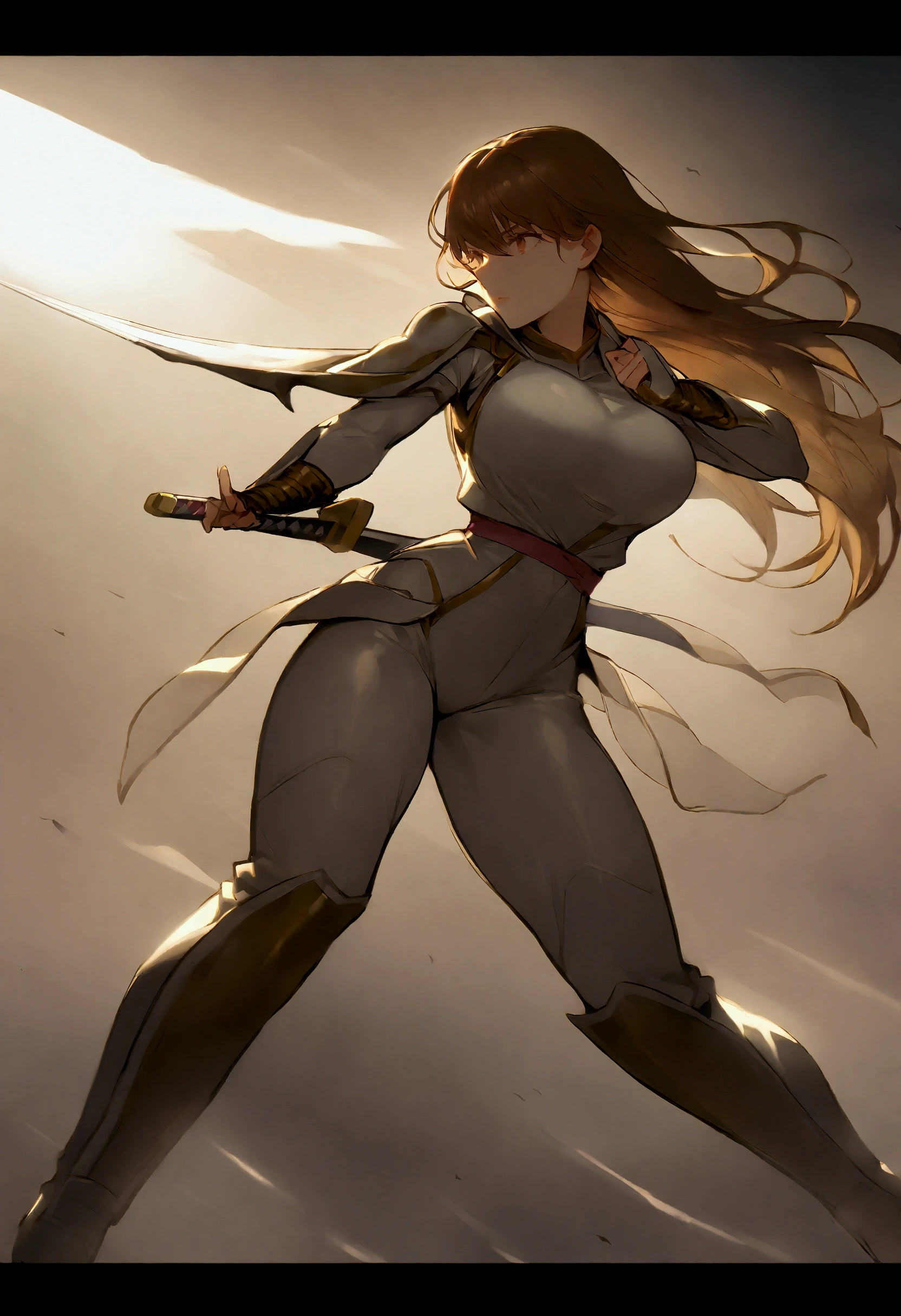 young woman , narrow waist, 155 cm tall, brown long hair , in light armor and with a two-handed sword in combat position and momentum, ready for a horizontal blow , large breasts,Breasts 95 EE , full body shot