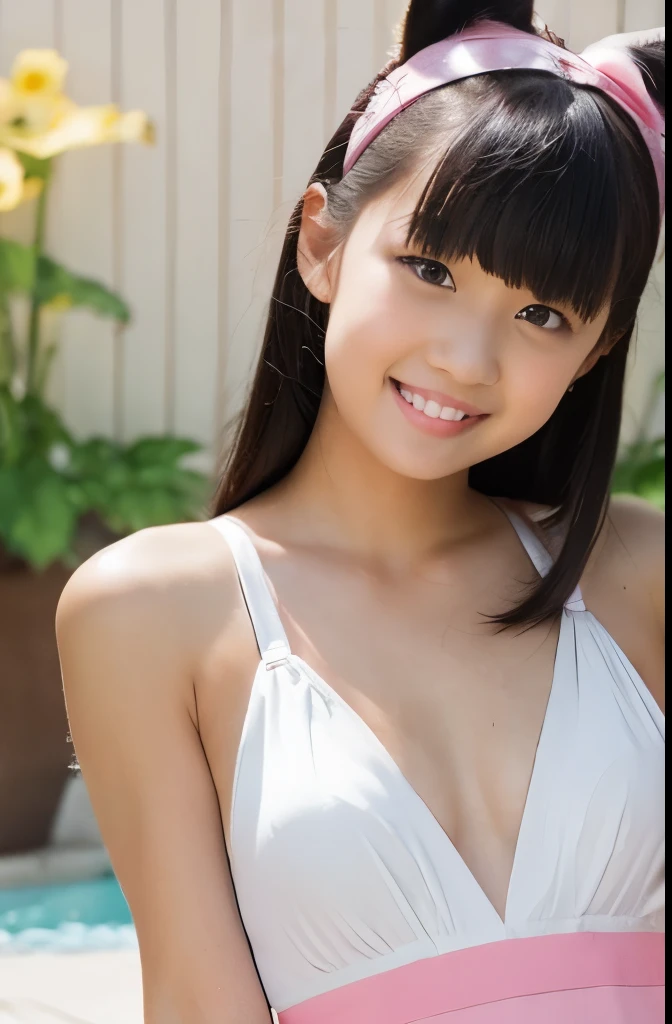 1girl in, :D, yo, animal ear fluff, Animal ears, Bangs, black hairbanD, long black hair, Blurry, ((dress of upper body is taken off:1.2)),  ((white small-triangle bra:1.2)), Blurry backgrounD, Depth of fielD, Dress, flower, flower pot, ((plain Dress:1.2)), hairbanD, holDing, Long hair, Open mouth, pink flower, plant, potteD plant, sketch, Sleeveless, ((Sleeveless Dress:1.2)), Smile, Solo, tail, Wrist cuffs, yellow flower, 1980s (Style)