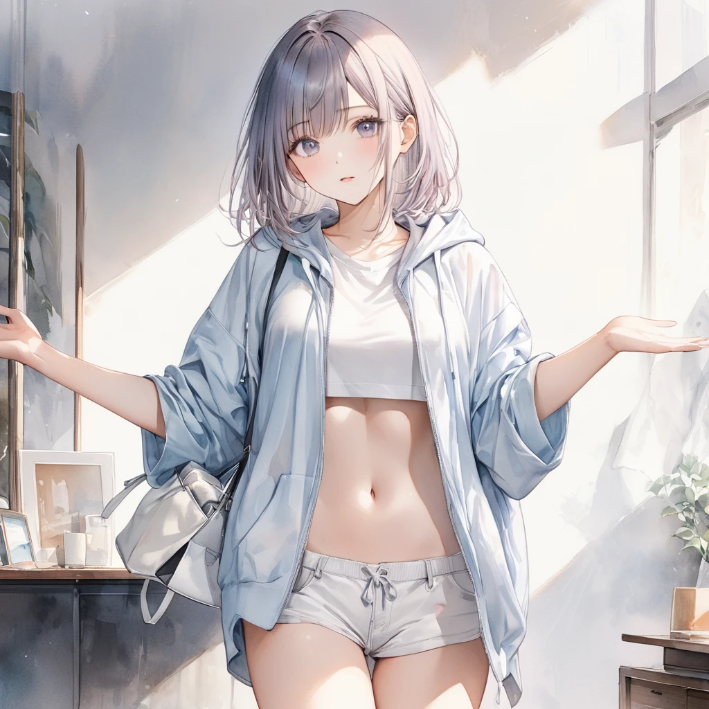 ((pastel、Watercolor))、1 woman,Step out ,Extend your hands to the side, carry a white pouch over your shoulder, white cutter shirt ,Undressed, hoodie with an open front , masterpiece,Best Quality,Exquisite,8k, absurd, super detailed illustrations on white paper ,( Viewers )