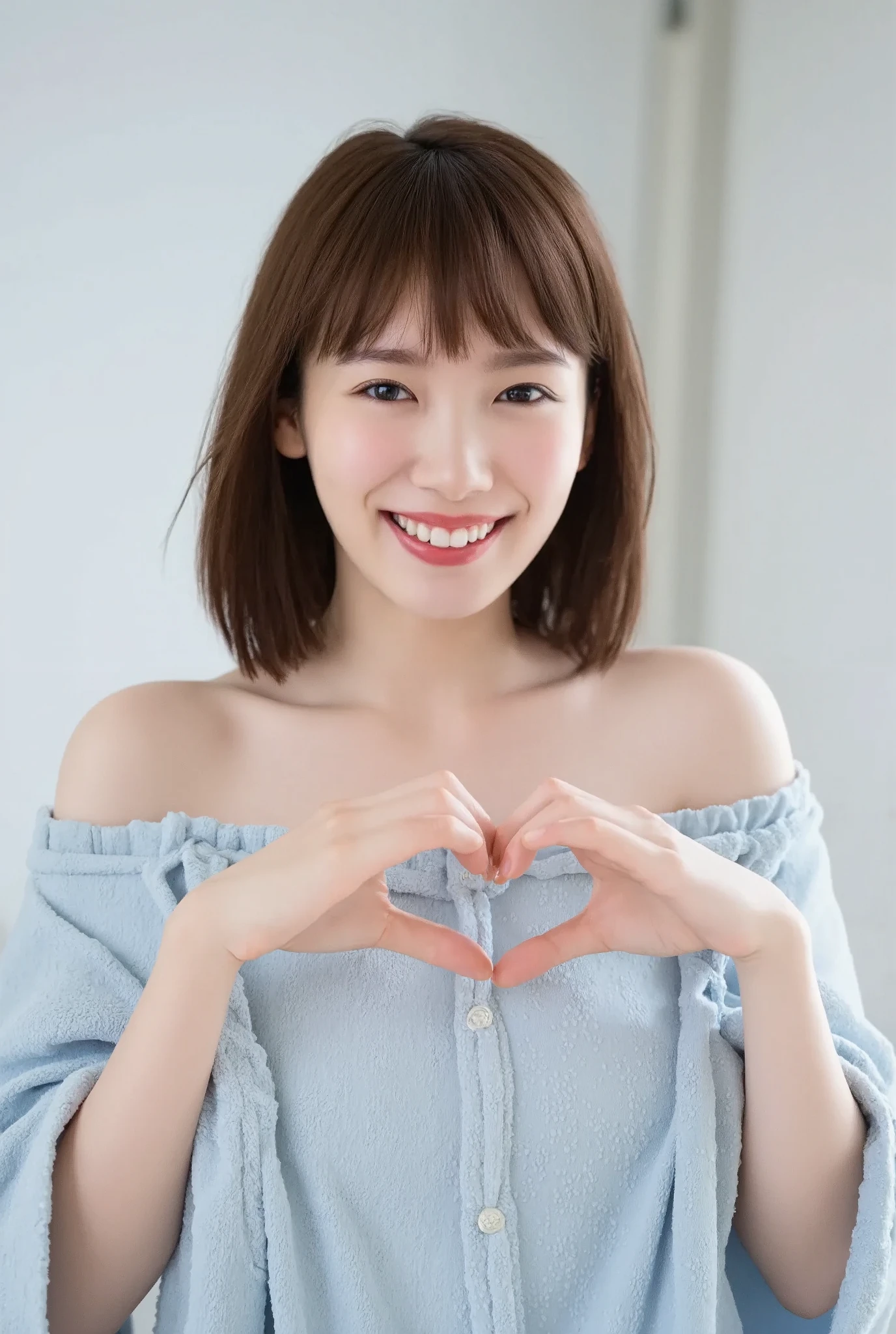 Only one woman with a cute smile is in a pose wearing off-shoulder pajamas, making a firm big heart shape with both hands, and holding them in front of her chest, View above collarbone、The background is a monotone 

