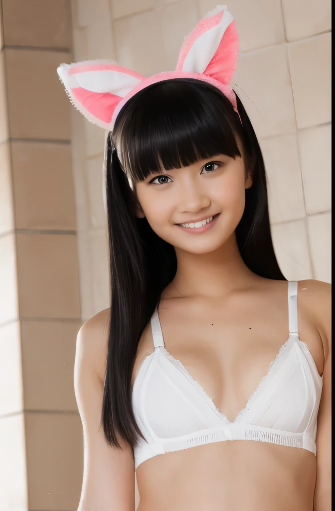 1girl in, :D, **yo, animal ear fluff, Animal ears, Bangs, black hairbanD, ((long black hair:1.2)), ((white small-triangle underwear panty:1.2)), Blurry, ((white thin small-triangle underwear bra:1.2)), Blurry backgrounD, Depth of fielD, flower, flower pot, hairbanD, holDing, Long hair, Open mouth, pink flower, plant, potteD plant, sketch, Smile, Solo, tail, Wrist cuffs, yellow flower, 1980s (Style)