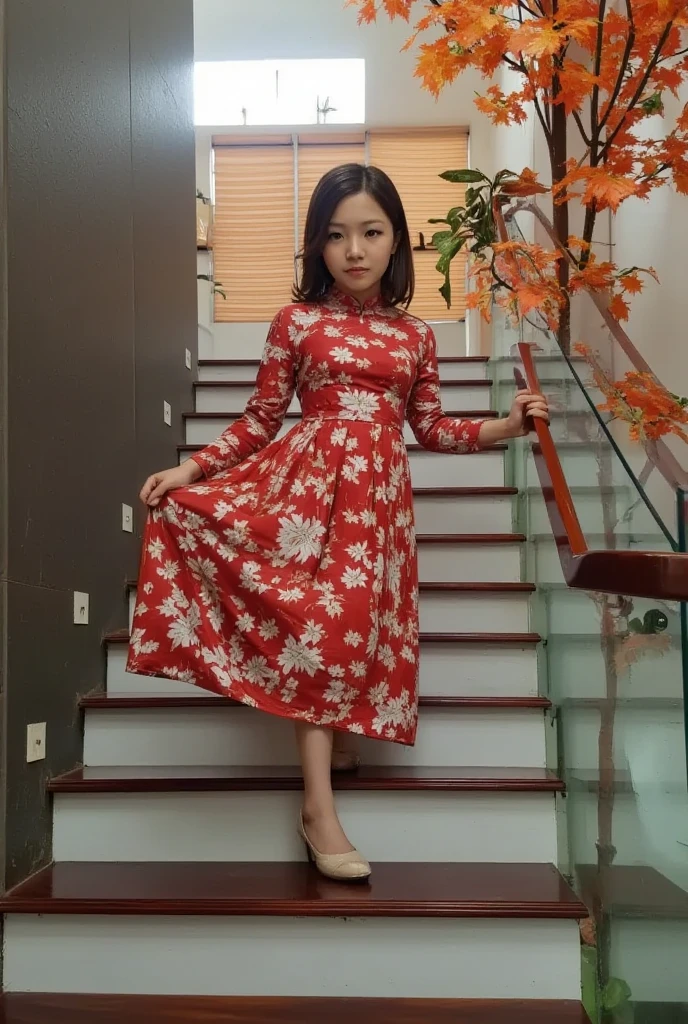 (masterpiece, best quality:1.2), cauthang, a beautiful girl, standing on the stairs taking pictures, eyes looking at the camera. She is wearing a bright red Romanian ao dai, one hand touches the red leaf tree, her feet are wearing cute flat shoes. Light makeup. round Asian face