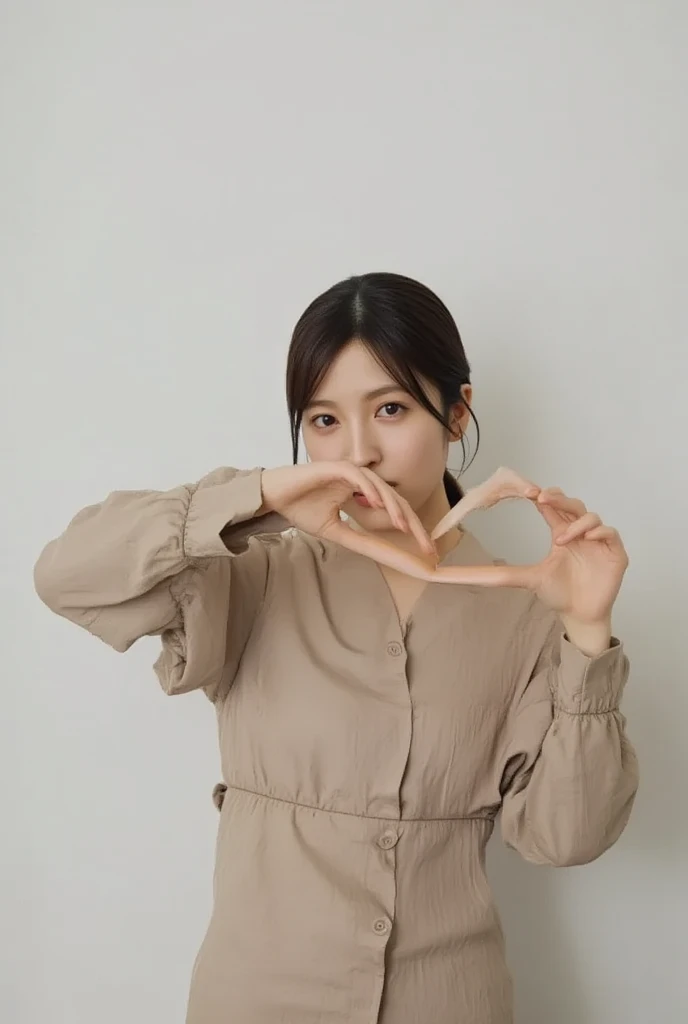 Only one woman with a cute smile is in a pose wearing off-shoulder pajamas, making a firm big heart shape with both hands, and holding them in front of her chest, View above collarbone、The background is a monotone 

