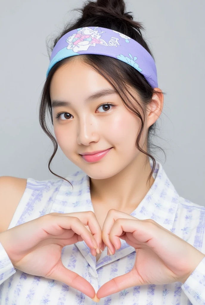 Only one woman with a cute smile is in a pose wearing off-shoulder pajamas, making a firm big heart shape with both hands, and holding them in front of her chest, View above collarbone、The background is a monotone 

