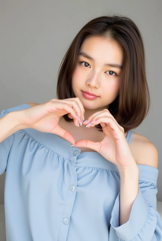 Only one woman with a cute smile is in a pose wearing off-shoulder pajamas, making a firm big heart shape with both hands, and holding them in front of her chest, View above collarbone、The background is a monotone 

