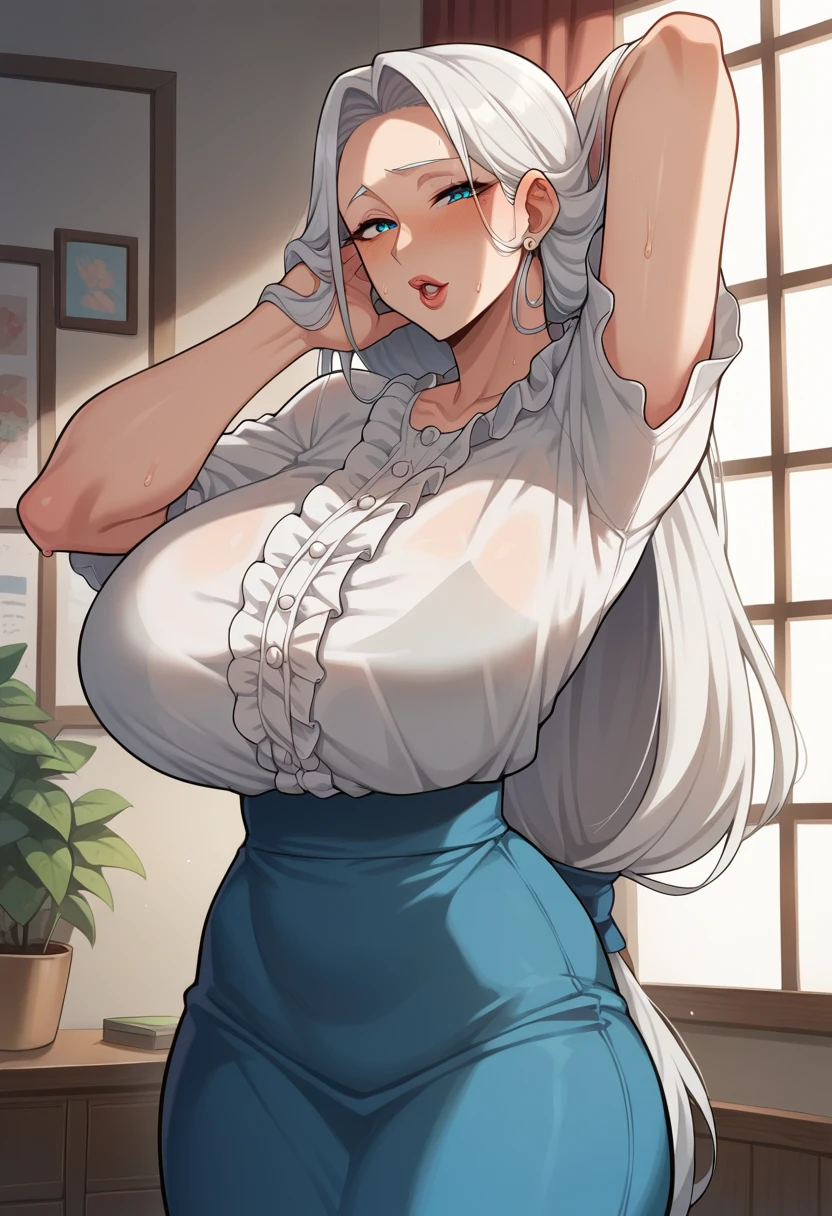 Hyper realistic, grandmother, milf, mature female, perfect face, perfect lighting, sexy lips,white hair、Long Hair、 low tied long ヘア、sexy female, large breasts, sweat、white(( center frill ))blouse、blue tight long skirt 、 with her hands behind her head