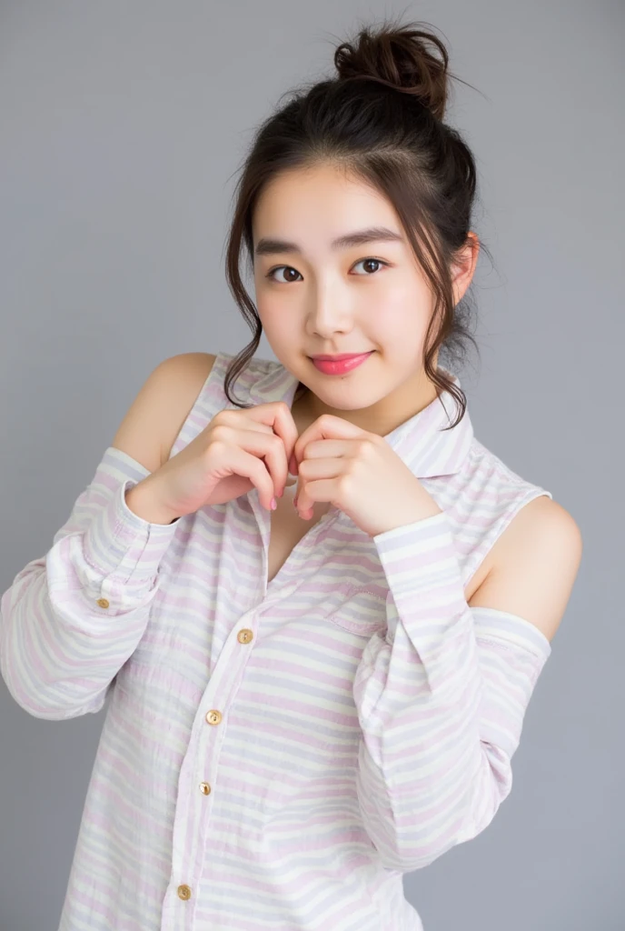 Only one woman with a cute smile is in a pose wearing off-shoulder pajamas, making a firm big heart shape with both hands, and holding them in front of her chest, View above collarbone、The background is a monotone 

