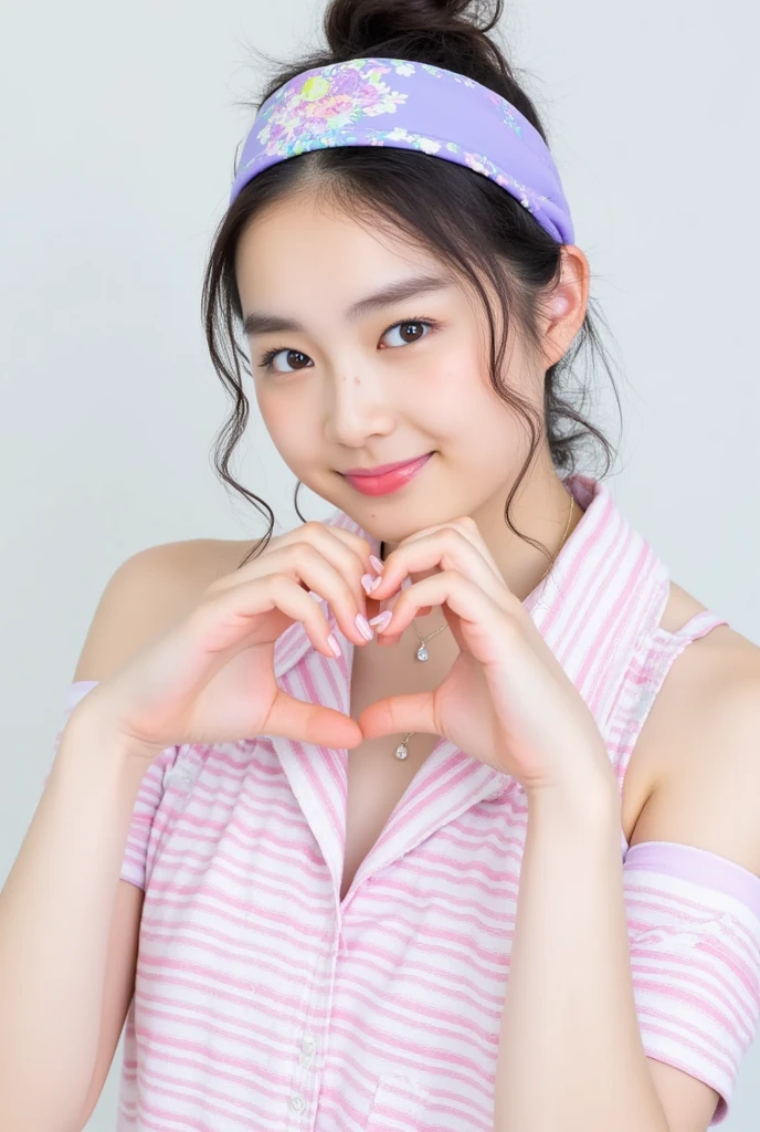 Only one woman with a cute smile is in a pose wearing off-shoulder pajamas, making a firm big heart shape with both hands, and holding them in front of her chest, View above collarbone、The background is a monotone 

