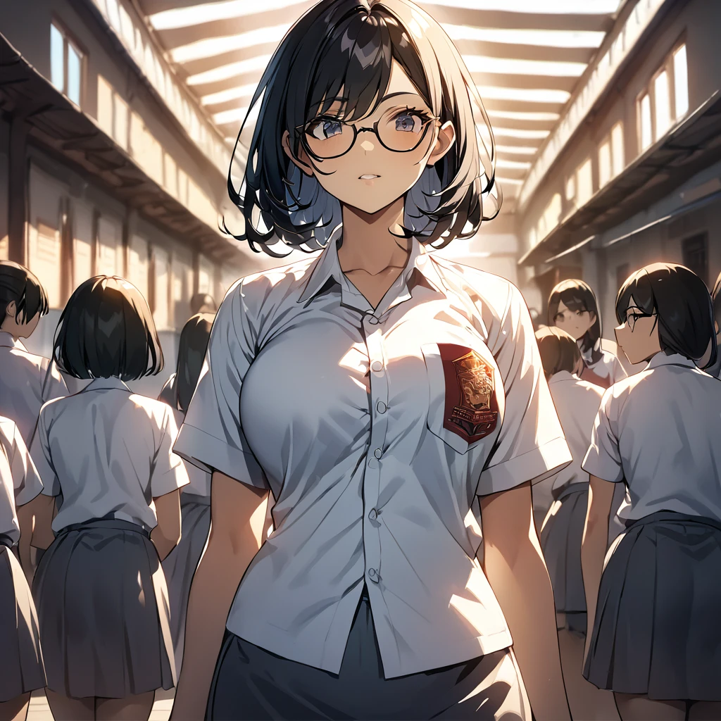 , anime girls, light skin, Mommy aura, black hair, short hair, wave hair, Eye glasses, huge breas , big thigs, Indonesia highschool Uniform, On school, Warm lighting, Dramatic lighting, Cinematic, 4K quality, Beautiful scenery, confidence expression