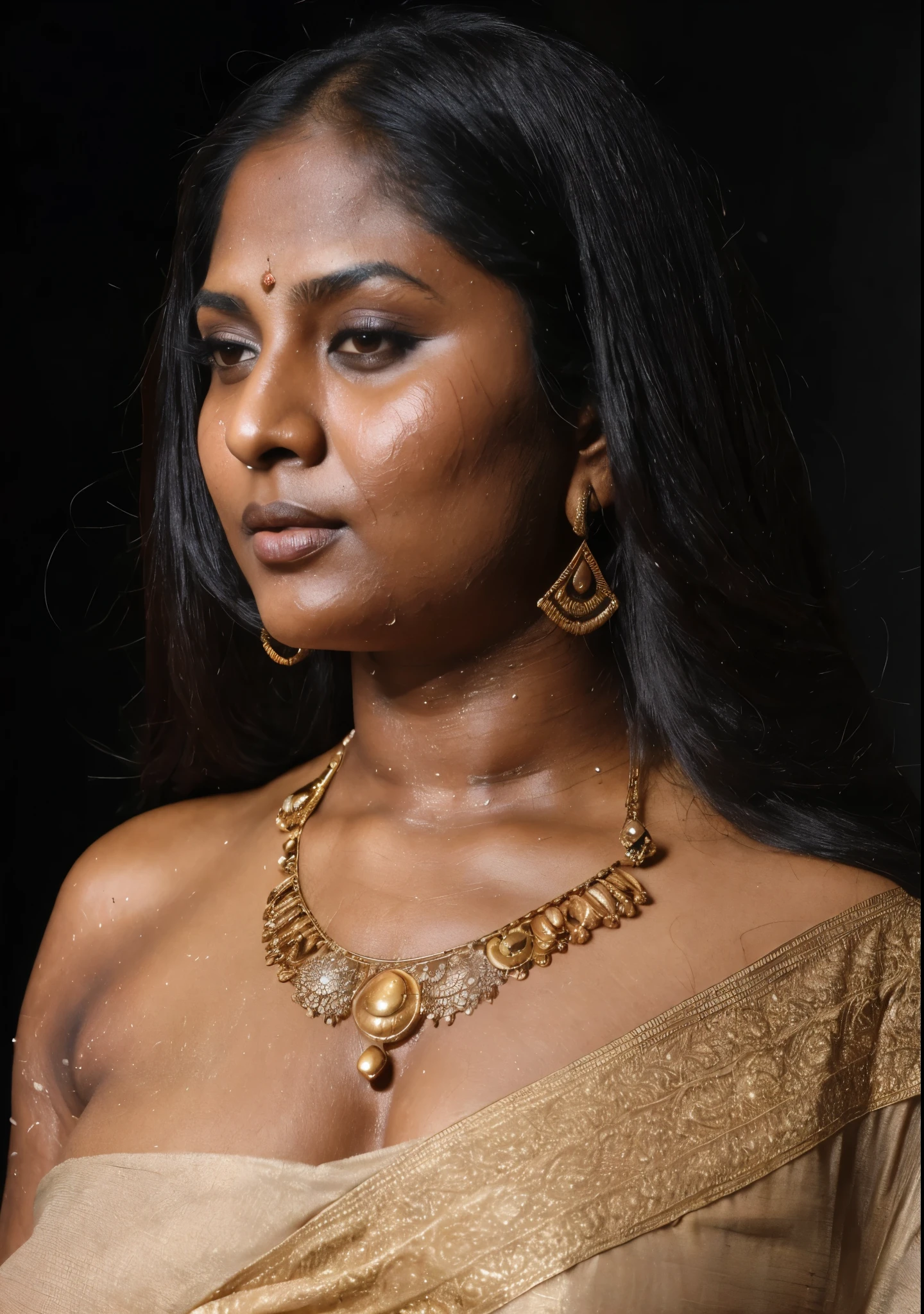 Extremely gorgeous, round face, shoot for a famous cosmetics brand, motherly figure, motherly curve, shoot for top health magazine cover Page, bold photoshoot, bold fashion magazine shoot, bold curvy beauty, bold looks, body positivity, stunning beauty, maharani, rajmata, ravishing, spicy hot, sizzling hot, sensual shoot, artistic sensual photograpy, thick figure, curvy, Thick navel, sexy tempting lady, sexy navel folds, fleshy figure, woman with a flower in her hair and a flower in her hair, closeup portrait shot, movie stills photography, ethnic jewellery, traditional beauty, body sweat, glistening skin, feminine curve, curvy body, skin texture, skin pores, traditional clothes , traditional female hairstyles, pretty face!!, shot on sony alpha dslr-a300, indian woman with brown skin, indian goddess, traditional makeup, movie stills, actress, close - up portrait shot, detailed portrait shot, ultra HD, 32k, hyper realistic, hyper realistic skin, High level professional photography, insane details, high quality skin, beautymarks, beautiful ethnic Indian village woman, traditional jewellery, oxidized jewellery, rustic charms, insanely detailed skin texture, hyper real photograph, add every possible elements to make the photo looks as real photograph, warm moody tones, full body drenched in oil, oiled body, oiled body makes her more sensually appealing, sensual shoot, sexy armpits, photorealistic skin texture, cover shoot for women's health fashion lifestyle magazine, wearing exotic premium antique jewellery, Indian aesthetics, detailed stubble armpits, provoking sense of desire, Indian aesthetic photography, kamadevi, kamini, mohini, goddess, alluring curvy fleshy beauty, sensational, captivating, juicy navel, intricate details, premium quality picture, (wet, oil-lubricated), (sweaty), insanely detailed,