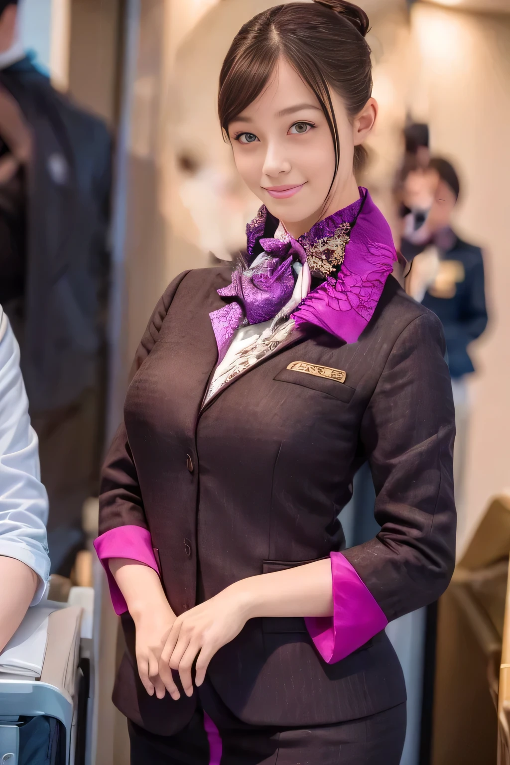 (masterpiece:1.2、Best Quality:1.2)、32kHDR、 high definition、(alone、 1 girl、 Slim Body )、（Realistic reproduction of Etihad Airways flight attendant uniforms）、 (At the airport counter,  Professional Lighting)、A proper woman,  beautiful face,、（Etihad Airways flight attendant uniformsの長袖）、（Etihad Airways flight attendant uniforms、Skirt with purple stripes on the front ）、（Put a scarf around your neck）、Big Breasts、（Long Hair、Hair Bun）、 Dark brown hair 、Long Hit、（（Great hands：2.0））、（（ Harmonious Body Proportions ：1.5））、（（Normal limbs：2.0））、（（Usually refers to：2.0））、（（ Delicate Eyes：2.0））、（（Normal eyes：2.0））)、Beautiful position、smile
