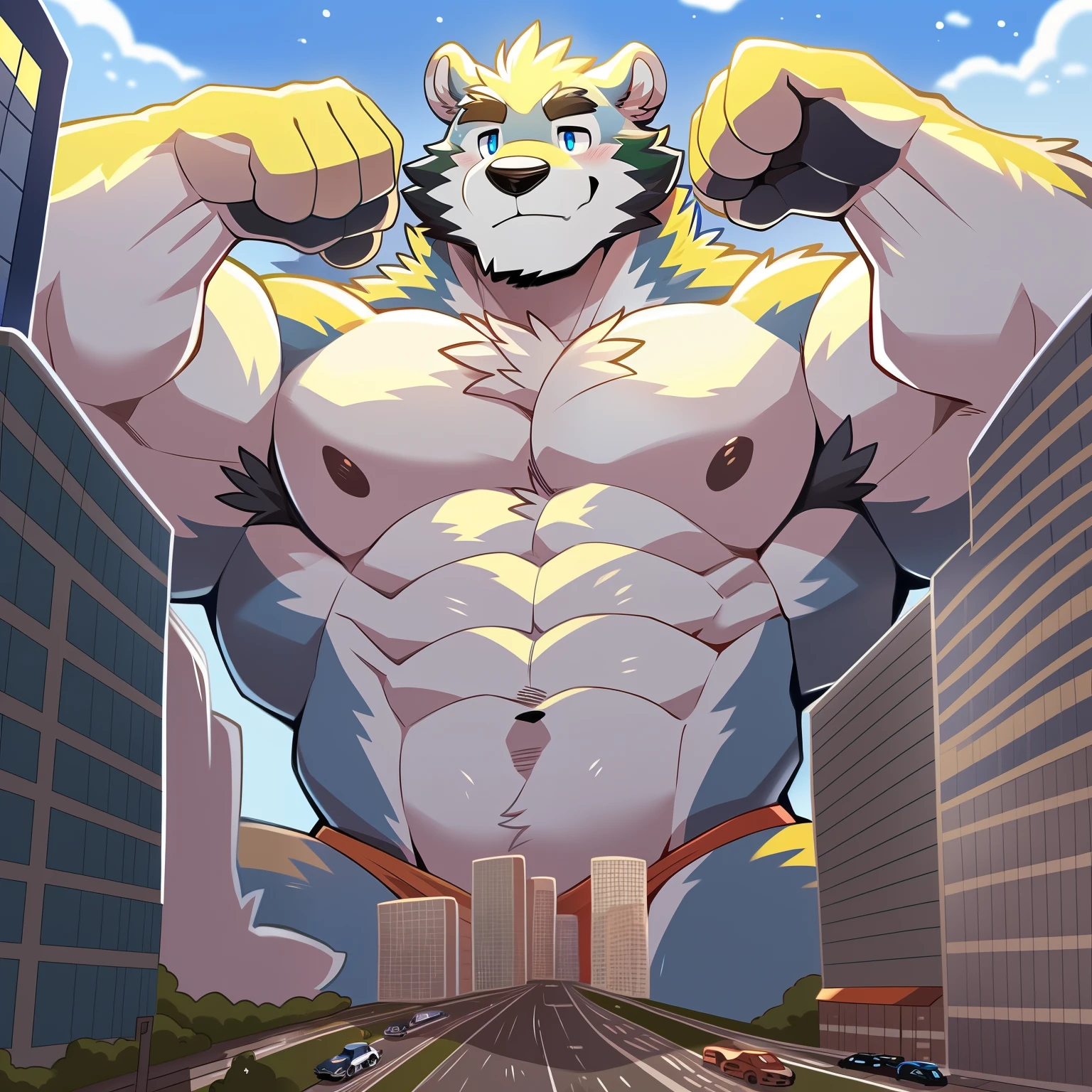 author: takemoto arashi, (1 boy), one, polar bear, Second Men, kemono, Muscle, beautiful, sexual, Attractive guy, ( detailed blue eyes), browser, High resolution, best quality ), 4K, nipple, Male, beautiful shadows, underwear, (Massiv:3.0, ( heavyweight ,stark,Macro, Emphasize )), background(( Building , Raise little speech , the crack in the road )),