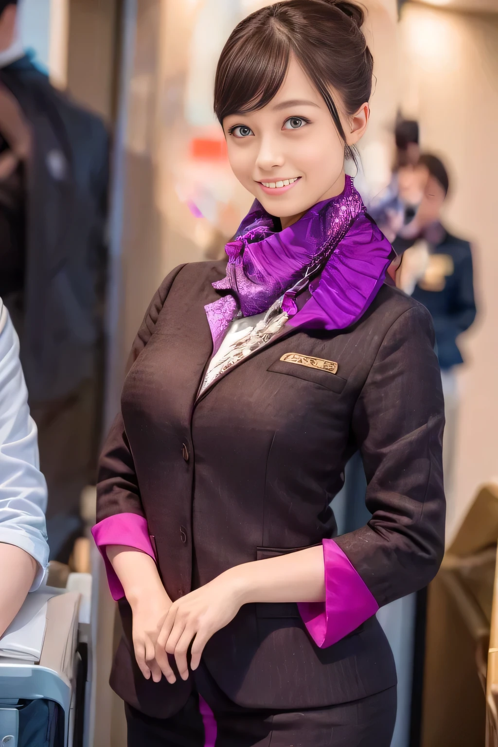 (masterpiece:1.2、Best Quality:1.2)、32kHDR、 high definition、(alone、 1 girl、 Slim Body )、（Realistic reproduction of Etihad Airways flight attendant uniforms）、 (At the airport counter,  Professional Lighting)、A proper woman,  beautiful face,、（Etihad Airways flight attendant uniformsの長袖）、（Etihad Airways flight attendant uniforms、Skirt with purple stripes on the front ）、（Put a scarf around your neck）、Big Breasts、（Long Hair、Hair Bun）、 Dark brown hair 、Long Hit、（（Great hands：2.0））、（（ Harmonious Body Proportions ：1.5））、（（Normal limbs：2.0））、（（Usually refers to：2.0））、（（ Delicate Eyes ：2.0））、（（Normal eyes：2.0））)、Beautiful position、smile
