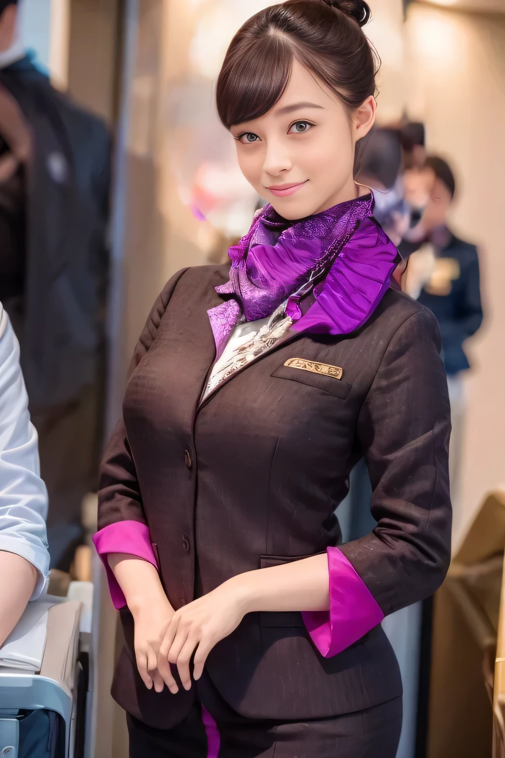 (masterpiece:1.2、Best Quality:1.2)、32kHDR、 high definition、(alone、 1 girl、 Slim Body )、（Realistic reproduction of Etihad Airways flight attendant uniforms）、 (At the airport counter,  Professional Lighting)、A proper woman,  beautiful face,、（Etihad Airways flight attendant uniformsの長袖）、（Etihad Airways flight attendant uniforms、Skirt with purple stripes on the front ）、（Put a scarf around your neck）、Big Breasts、（Long Hair、Hair Bun）、 Dark brown hair 、Long Hit、（（Great hands：2.0））、（（ Harmonious Body Proportions ：1.5））、（（Normal limbs：2.0））、（（Usually refers to：2.0））、（（ Delicate Eyes ：2.0））、（（Normal eyes：2.0））)、Beautiful position、smile
