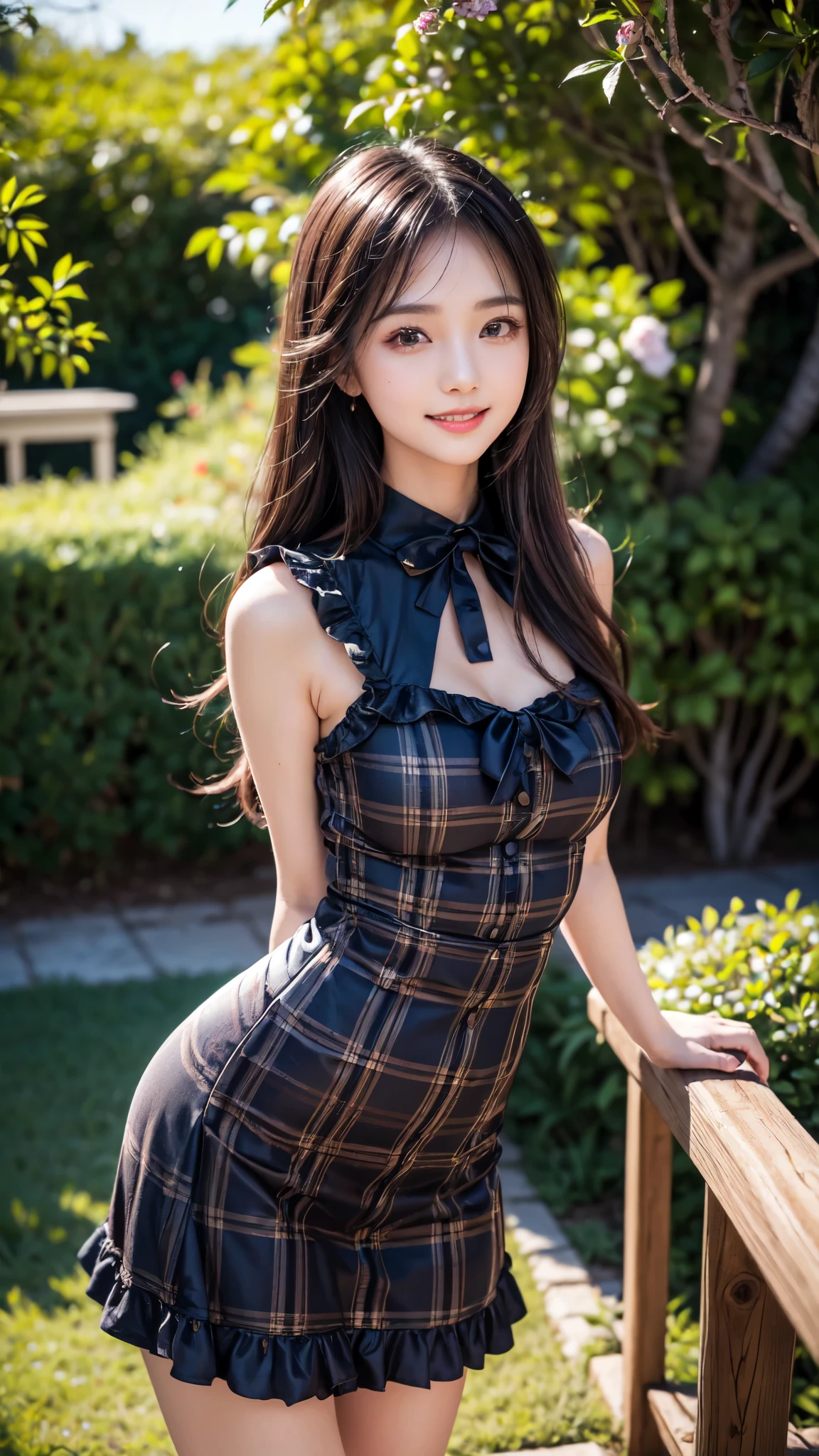 very cute and beautiful girl,(highly detailed beautiful face),(smile:1.2),black hair,looking at viewer,stylish pose,beautiful legs,cowboy shot, elegant blue plaid ta dress with detailed frills, flower garden,elegant wooden arbor,shrubbery, (best quality,masterpiece:1.0),absurdres,highres,ultra-detailed,extremely detailed,32k,8k resolution, intricate details,cinematic scene,detailed background,solo,dynamic angle,