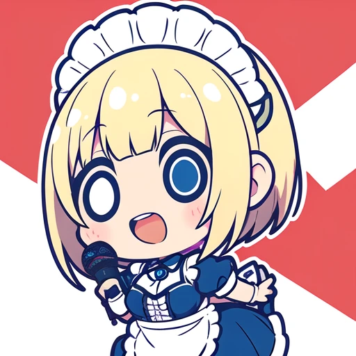 1girl, (chibi:1.4), smile, open mouth, dynamic angle, standing, , girl, yuki mio, Her name is Yuki mio, idol wars z ,Blonde hair, blunt bangs, medium bob Hair,straight hair, She is very kind, she is polite, she is competent, hair covered ears, breast ,hide ear,brown eye,tareme eye, Droopy eyes,blue maid costume, white apron,hand mic,
