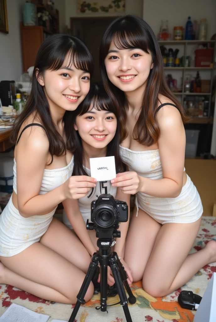 4 beautiful japanese girls,idol face,in messy room,microbikini,holding a paper that says "unchi",kneeling,video camera forefront,close up face,kneeling,skin covered with curry,window