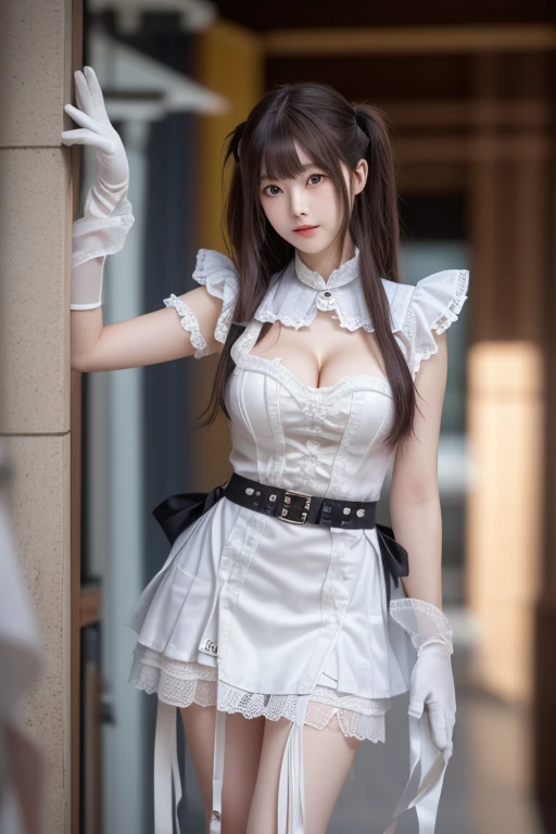 Photo-realistic quality、部屋に立つ黒と白の衣装で dressを着た日本人モデル, Maid衣装, Twin tails white_Gloves,  portrait of a radical Ta girl , Maid衣装の少女,  Data Style, Maid! dress,  ta fashion ,  looking at the camera、Detailed and beautiful eyes、Cute smile、 soft and gentle expression 、 cleavage