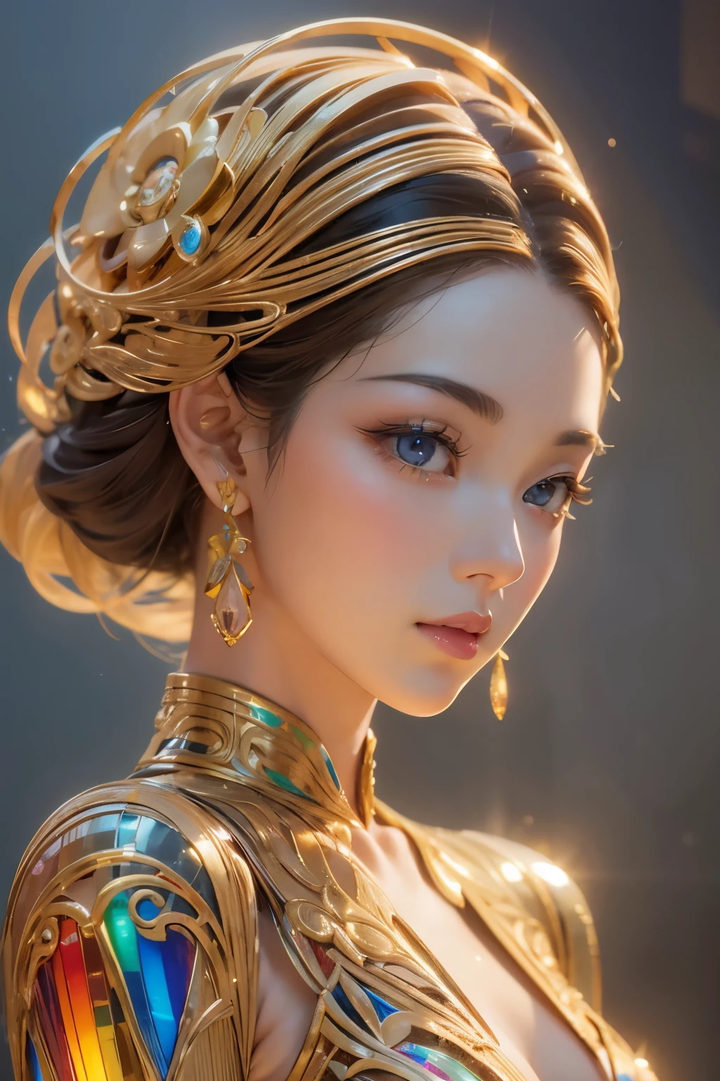 art deco design，golden beauty sculpture，streamline moderne，Rainbow metallic thread，perfect details，exquisite craftsmanship，twist，rotate，prosody，flight，Complex and gorgeous、bright colors、full of imagination、artistic。