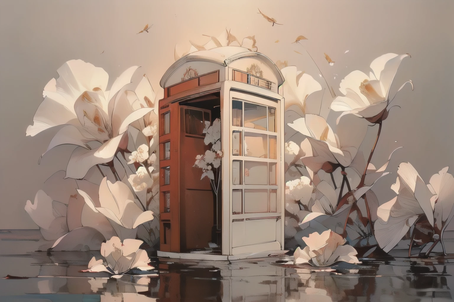 (((Masterpiece, top quality))), (((32K wallpaper))), ultra high resolution, gorgeous light leak, (((backlit))), highly detailed background, (((no humans))), highly transparent river, (((extremely detailed rusty red phone booth with many white flowers)),  (((( very dull color )))), (((( white flowers in the water))), (((White petals fly)))、Mr.々Angle