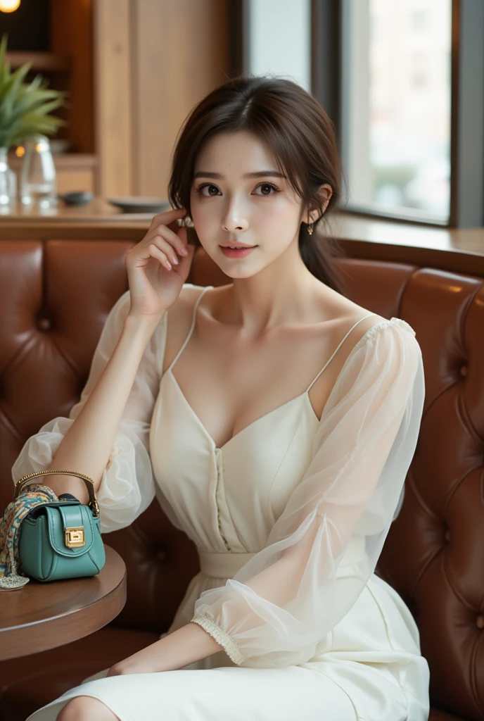 A highly detailed, photorealistic image of a young East-Asian woman seated elegantly in a cozy, upscale café or restaurant. She is dressed in a refined, semi-sheer white blouse with puffed sleeves that add a soft, feminine charm to her appearance. The blouse is tucked into a high-waisted, flowy white skirt that reaches just below her knees, creating an airy, delicate look that exudes sophistication and understated elegance. Her attire reflects a classic, minimalistic style, with subtle textures and a focus on clean lines.

She rests her head lightly on one hand, looking thoughtfully toward the camera with a gentle smile and a relaxed, approachable expression. Her hair is neatly pulled back, with a few loose strands framing her face, adding to her natural and effortless beauty. Next to her on the leather bench seat is a small, elegant turquoise handbag with a patterned scarf draped over it, adding a splash of color and a hint of personality to the scene.

The background features a warm, inviting ambiance, with polished wooden furniture, glassware, and soft natural light streaming in from large windows, creating a cozy and refined atmosphere. The table in front of her is set with a few glasses and decorative items, enhancing the scene's realism and depth. The lighting highlights the subtle details of her outfit, the textures of her surroundings, and the calm, elegant mood of the setting. Emphasize her poised, relaxed posture and the serene, welcoming vibe of the café environment, blending modern elegance with a sense of warmth and charm.