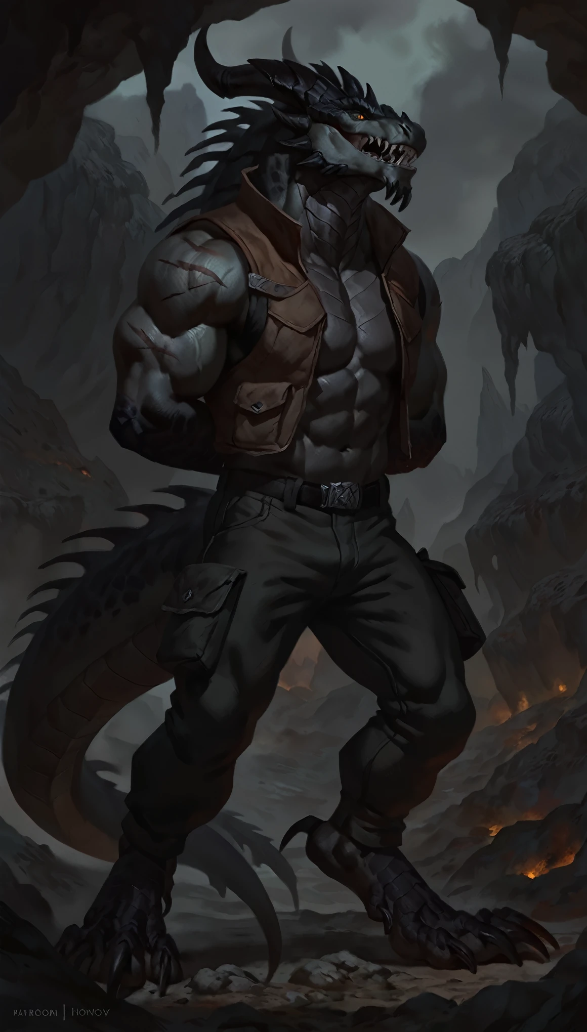 dragon like anthro lizard, hands behind back, anthro dragon, solo, portrait, scaly, detailed scales, experienced predator, dragonic, monster, mercenary, grin, open mouth, black scaly body, matte body, toned, muscular anthro, big muscles, big horns, wearing vest and pants, detailed scales, scars on body, 1male solo, anthro, muscular, thick neck, thick tail, marked jaw, comicbook style, underground cave city background, darkness, horror, best quality, 4k, ultra-detailed, by laobai, by taran fiddler, by honovy