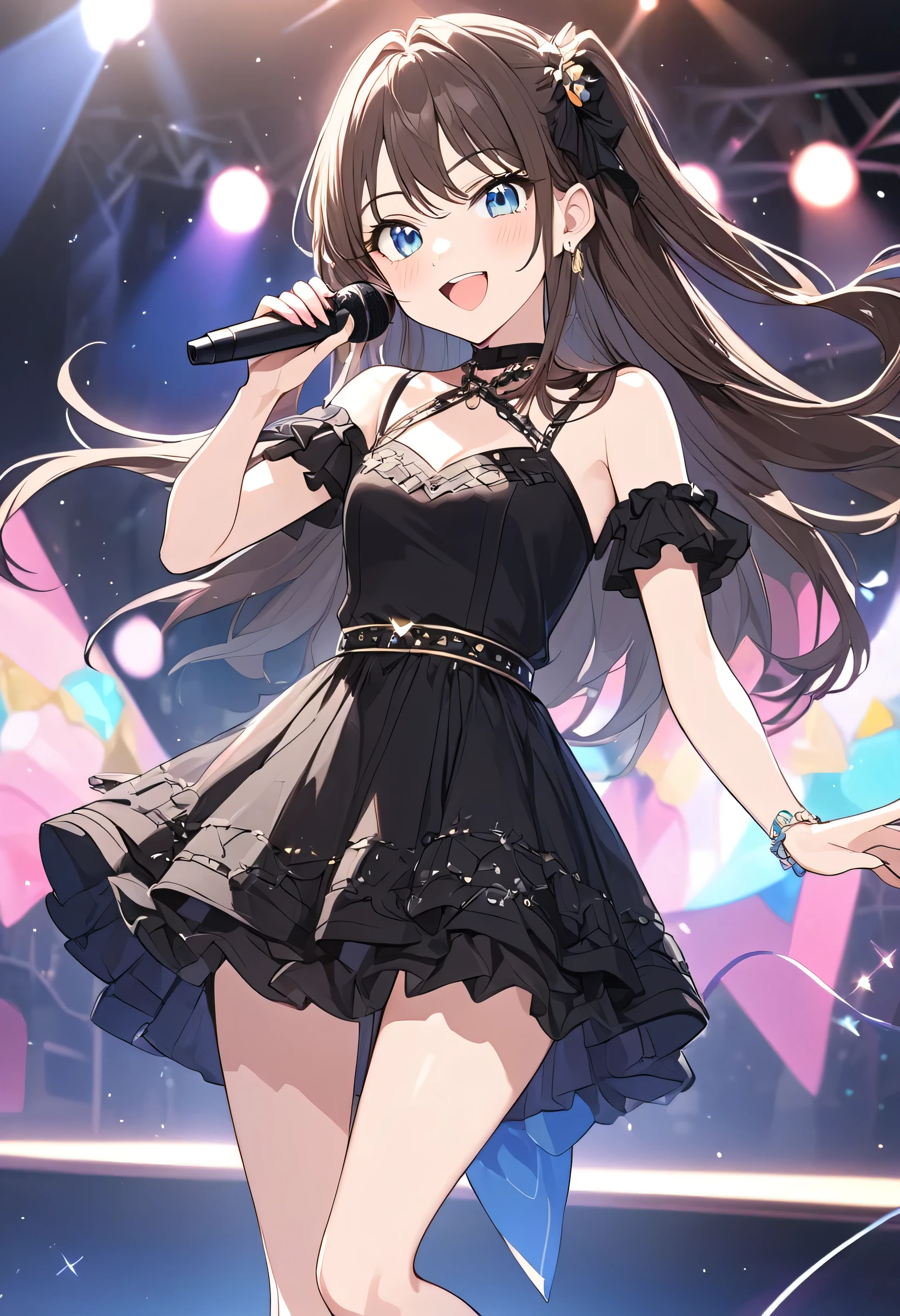 バーチャルアイドル,踊る,コンサート,a girl, ager, delightful, cheerful grin, big eyes, looking at viewer, tall, slender, leggy, idol dress, with a microphone, anime,wink