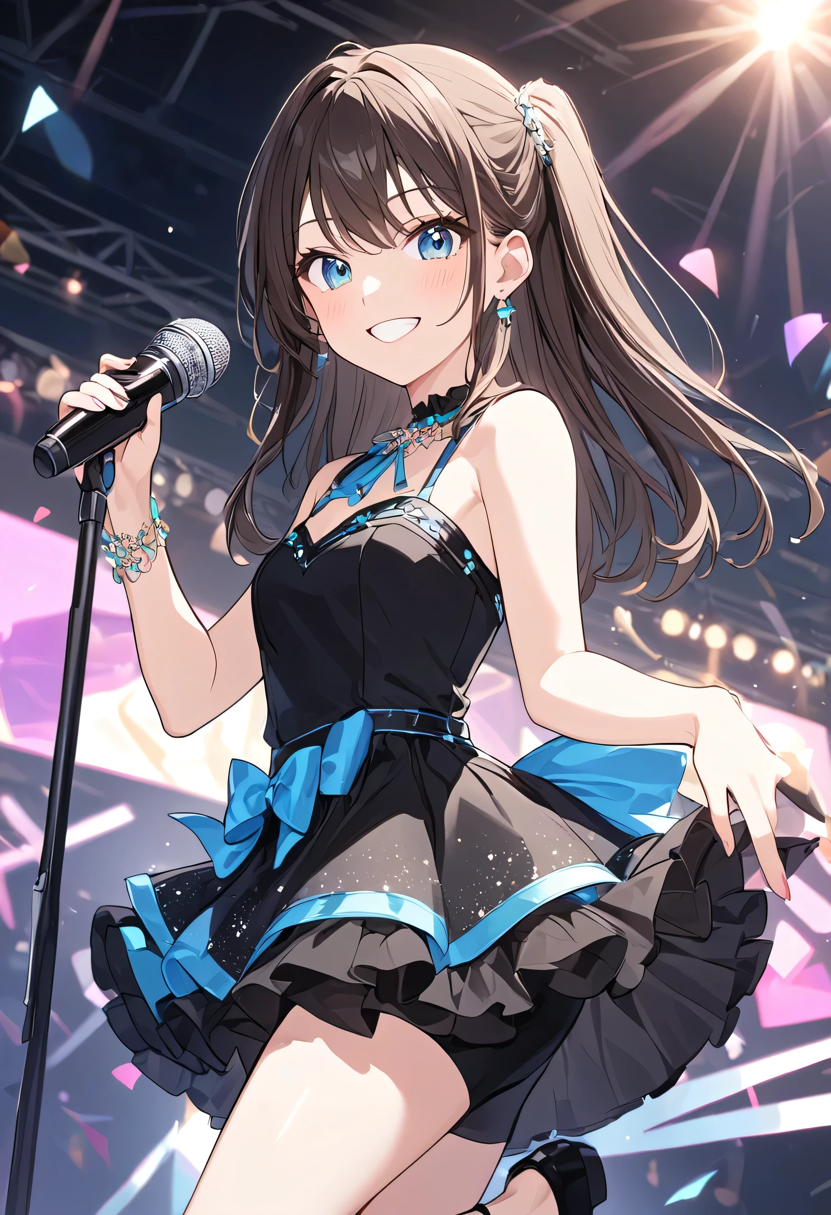 バーチャルアイドル,踊る,コンサート,a girl, ager, delightful, cheerful grin, big eyes, looking at viewer, tall, slender, leggy, idol dress, with a microphone, anime,wink