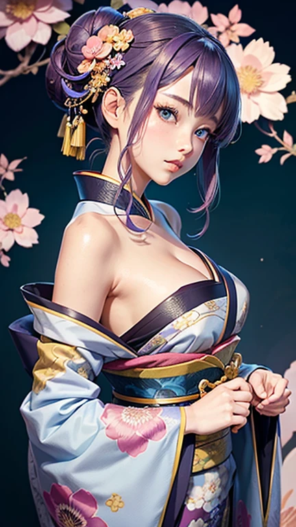 anime,1 girl,Beautifully detailed , light blissful face, kawaii(Hair up style), galaxy background, (blue eyes) (looking at the viewer) (big breasts) (anime"A person wearing a traditional kimono with intricate floral patterns, surrounded by vibrant flowers and leaves. The kimono features a mix of bold and pastel colors, with detailed floral designs that blend seamlessly into the background, creating a harmonious and visually striking composition."