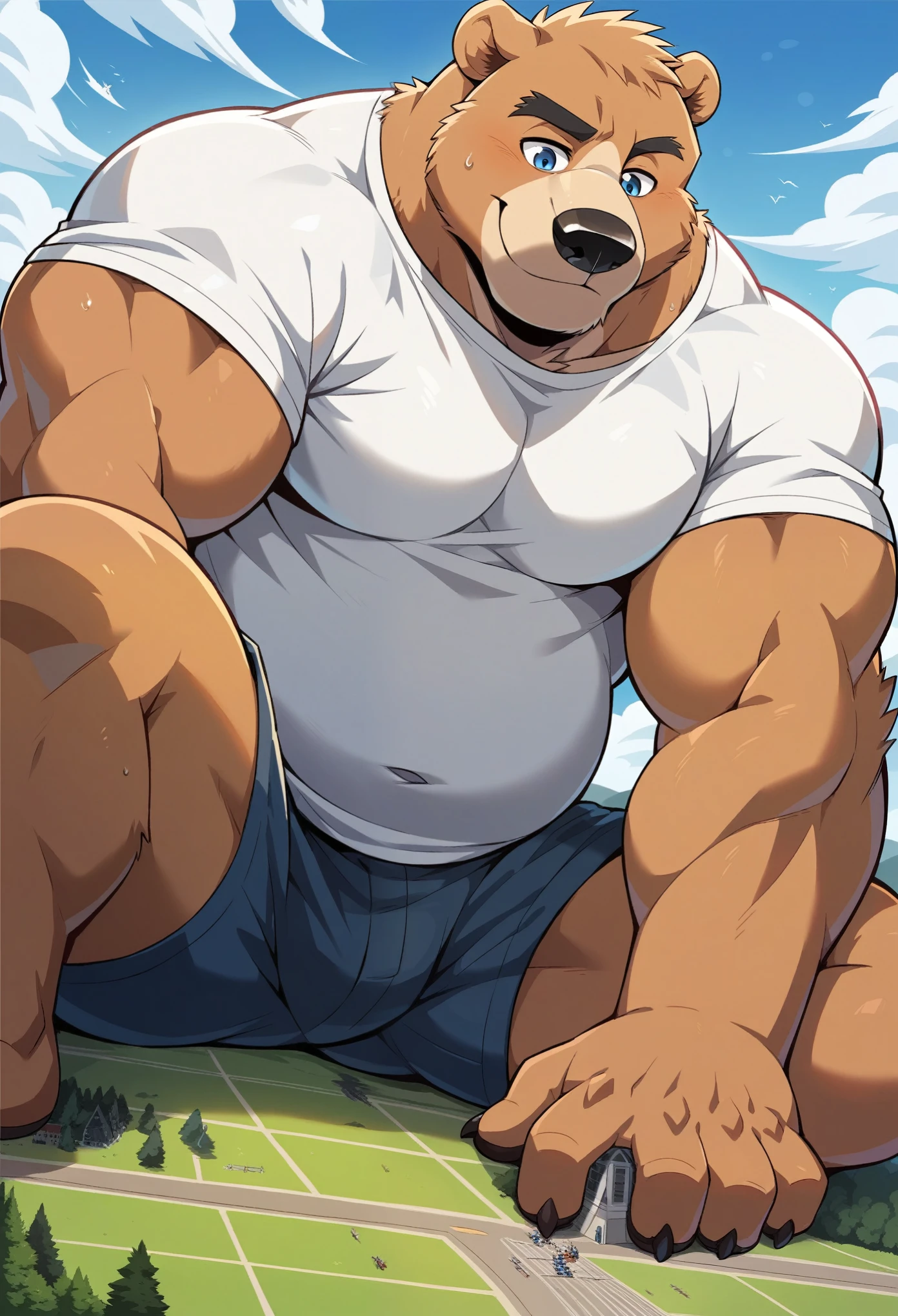 ((best quality)), ((masterpiece)), (detailed), 1males shirt doesn't fit, clothes too small, seen from below, hyper fat, giant male, anthropomorphic lion, huge musclegut, huge thighs, hyper bulge, oversized feet, fondling belly, seducing the viewer