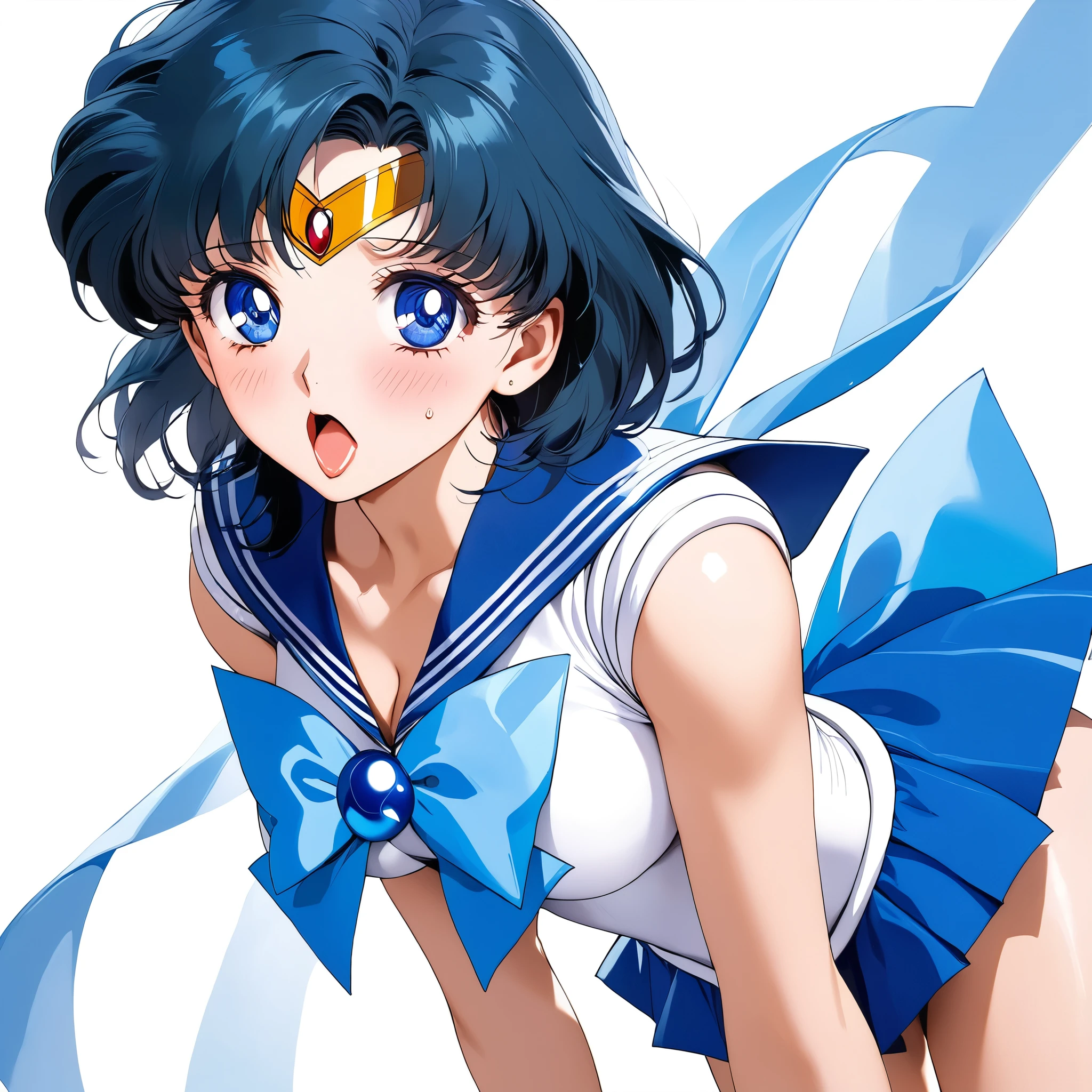 masterpiece, Best Quality, High resolution,16k,official art,super detailed skin,detailed,animated painting,(Sailor mercury:1.5),1990s \(style\),(E-cup beautiful breasts)、 (tall:1.2),height: 175cm,Fashion model body type、clevage,Sexy long legs, blue hair,shortcut hair、blue eyes, sexyな長い脚, (sailor mercury costume:1.5),Muscular、1girl,solo,nsfw,shy,blush,(vulgarity:1.3)、(Ahegao:1.4),Anime-style painting style,Close up on upper body,Cinematic lighting,Superfine,Seductively Posing,dynamic angle,extreme closeup shot,simple white background