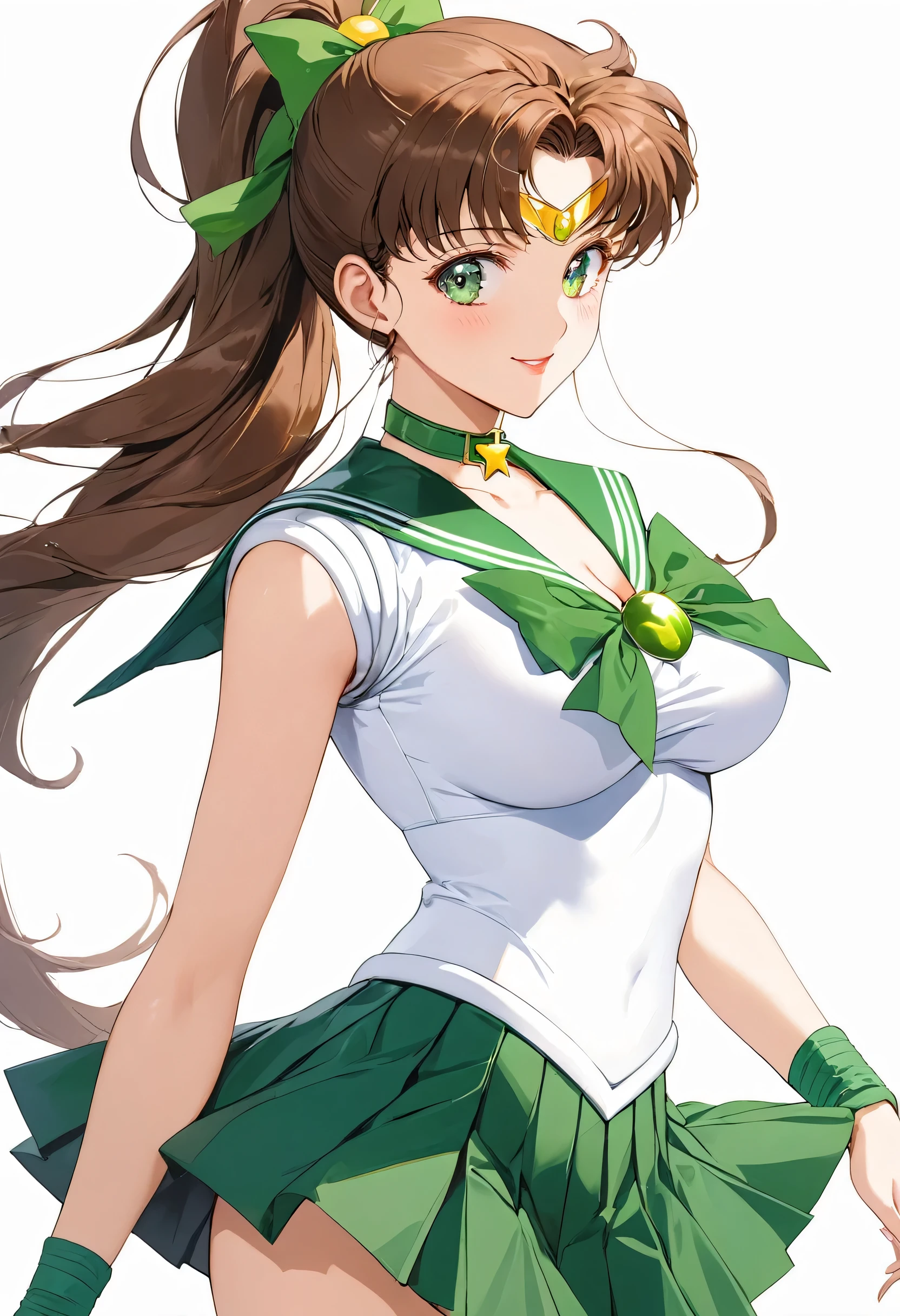 masterpiece, Best Quality, High resolution,16k,official art,super detailed skin,detailed,animated painting,(Sailor jupiter),1990s \(style\),(E-cup beautiful breasts)、 (tall:1.2),height: 175cm,Fashion model body type,cleavage,Sexy long legs, Brown long hair,ponytail,BRAKE(sailor jupiter costume,sleaveless white shirt,green collar,green ribon,green skirt:1.5),green Scrunchie,green eyes,Sweating all over the body,Muscular、1girl,solo,nsfw,(Ahegao:1.2),smile,blush,(vulgarity:1.2)、Anime-style painting style,Close up on upper body,Cinematic lighting,Superfine,magnificent view、Seductively Posing,dynamic angle,closeup,white background