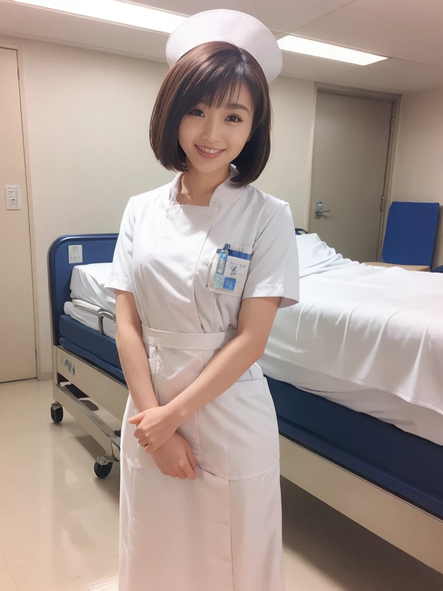  girl,Alone, (Wearing white nurse clothes:1.2), ( bob cut ),  Black Hair , nurse,  COMPLETE ANATOMY, nurse uniform, (Nurse cap), ( white costume ),  LONG SKIRT , hospital, ( face), smile