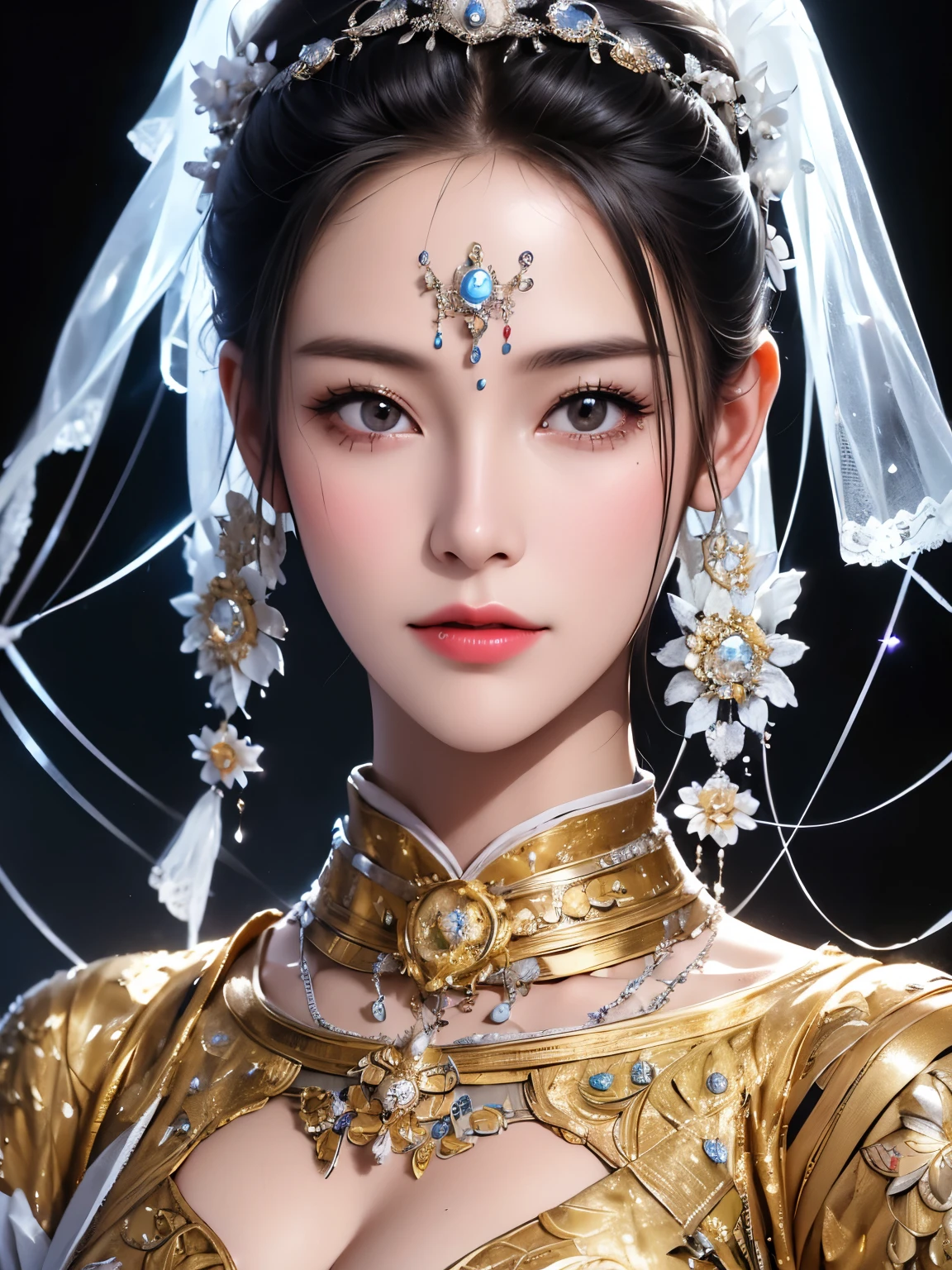 Portrait photo of android of Japan woman in her mid twenties made of white and silver clear glass and plastic, geisha make up, Black hairstyle, Silver and gold metal internal body mechanism, Dynamic Pose, Flow organic structure, Detailed engraving, Lacework Design, A sparkling golden circuit, Colorful neon trim, Detailed engraving, Lacework Design, Light emitting circuit, neon trim, Art by H.r. giger, Greg Rutowski